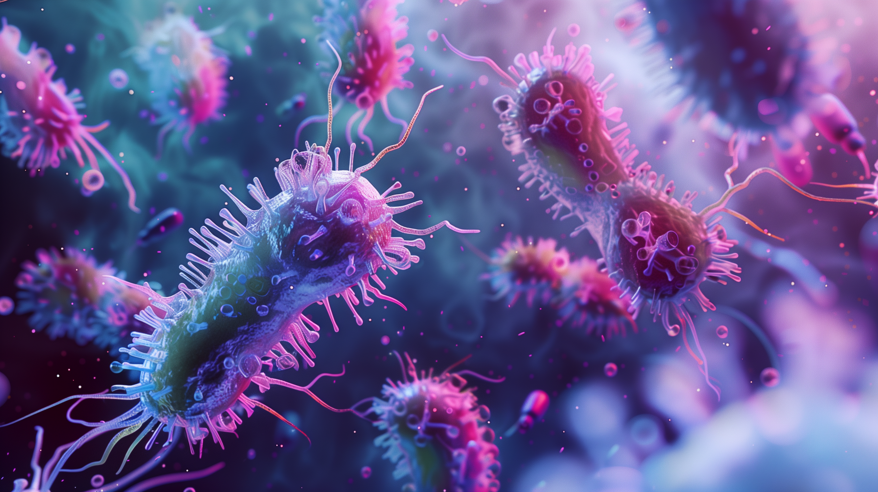 A high-definition desktop wallpaper depicting colorful bacteria in vivid detail, with a vibrant mixture of purples, pinks, and greens, displaying their complex structures.