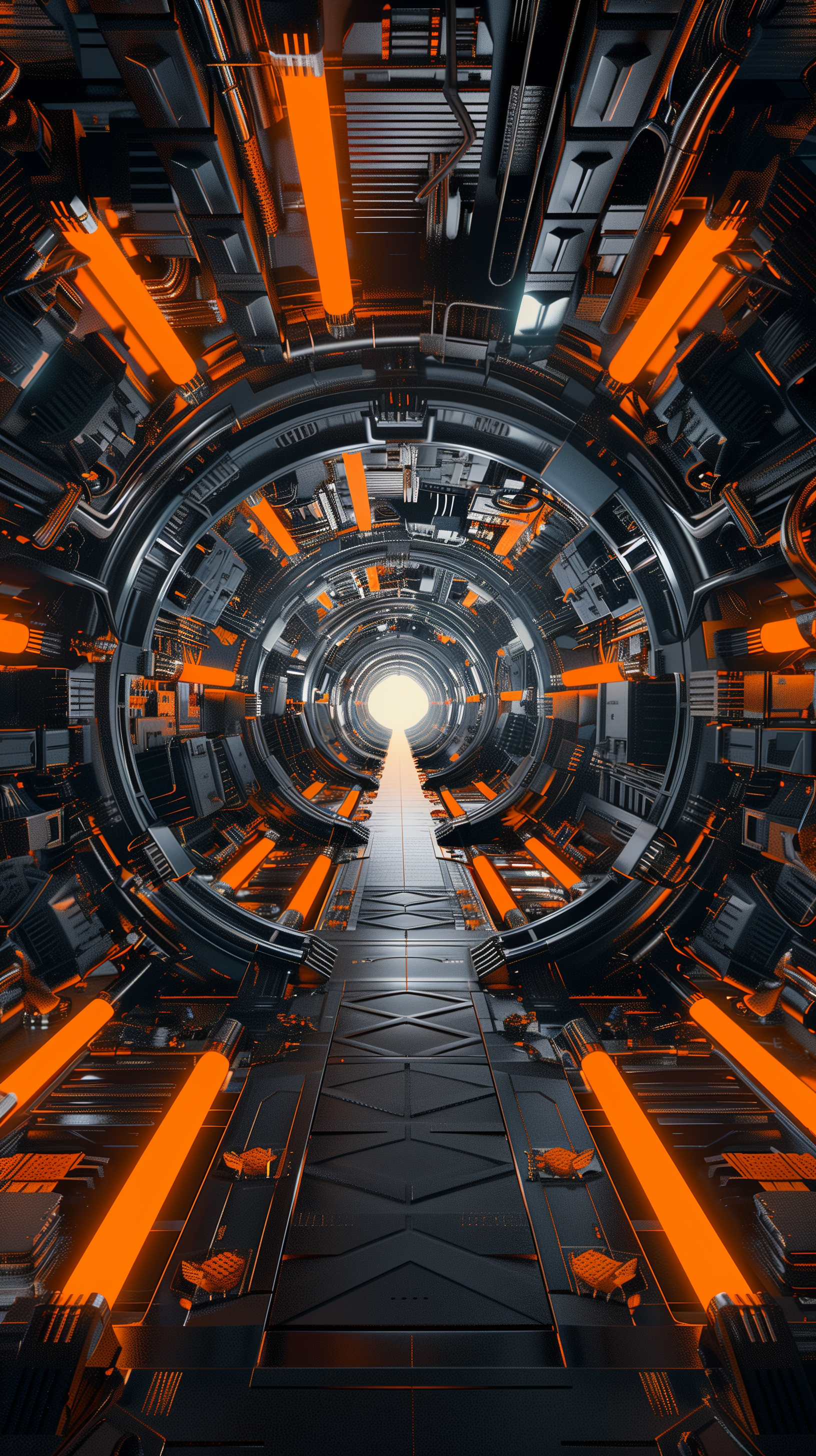 HD iPhone wallpaper featuring a sci-fi tunnel with vibrant orange lights illuminating the intricate mechanical design, leading to a bright white light at the end.