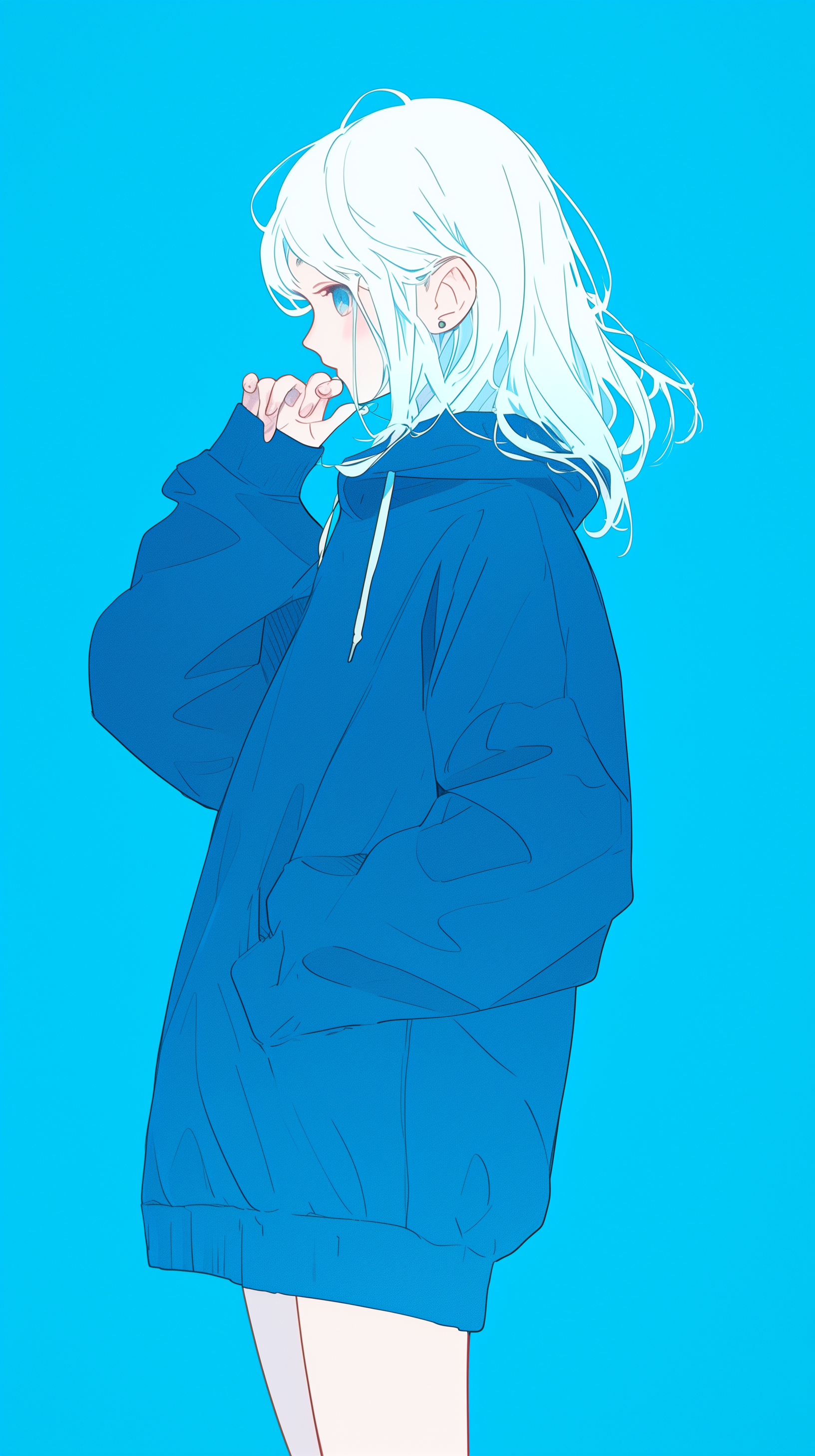 Anime girl with white hair, wearing a blue hoodie, standing against a vibrant blue background. HD Phone/iPhone Wallpaper.