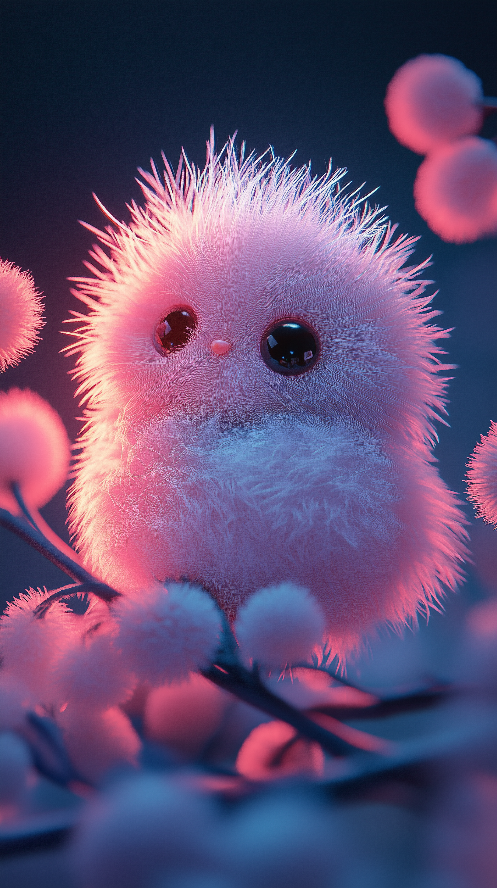 A cute, fluffy creature with big eyes sits amidst soft, glowing branches and flowers, creating a whimsical and enchanting atmosphere, perfect for an HD phone or iPhone wallpaper.