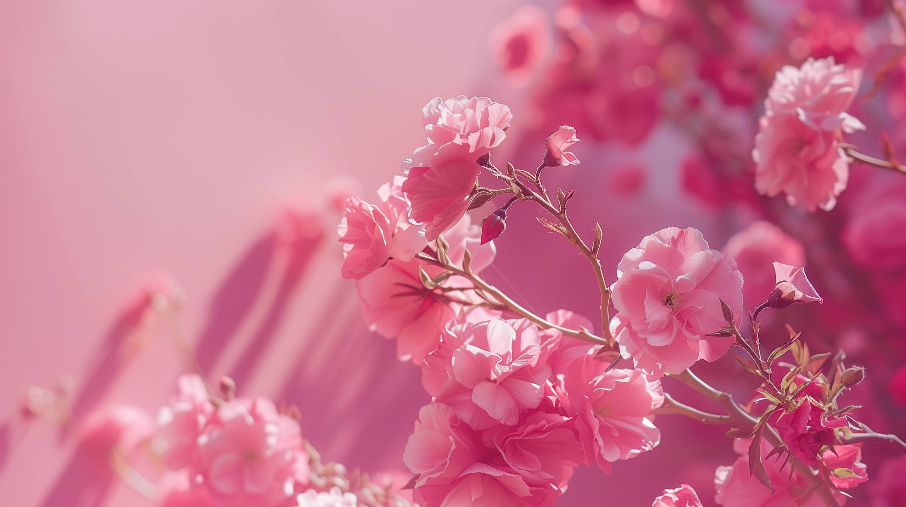 Pink flowers in full bloom with a soft pink background, creating a serene and delicate aesthetic. The image features a close-up of the blossoms, showcasing their vivid color and intricate details.