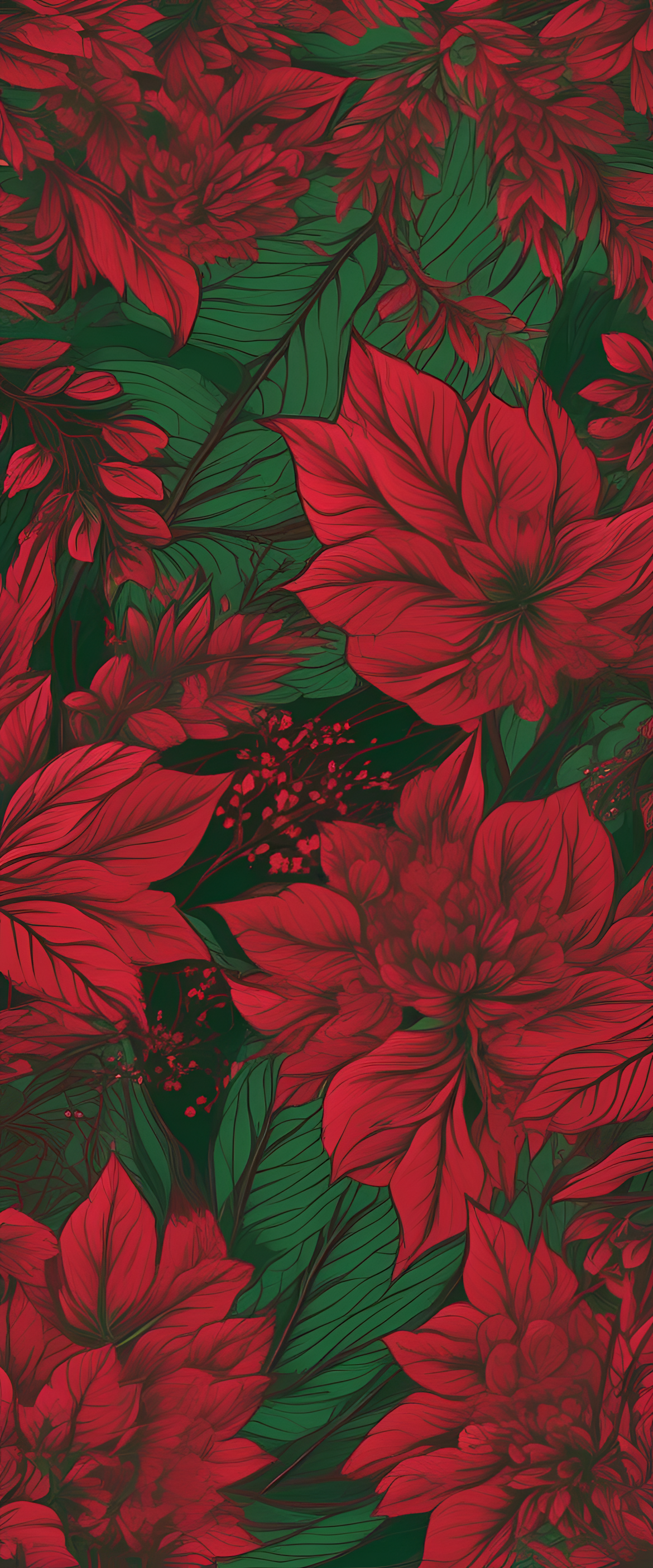 Vibrant red and green wallpaper with intricate details.