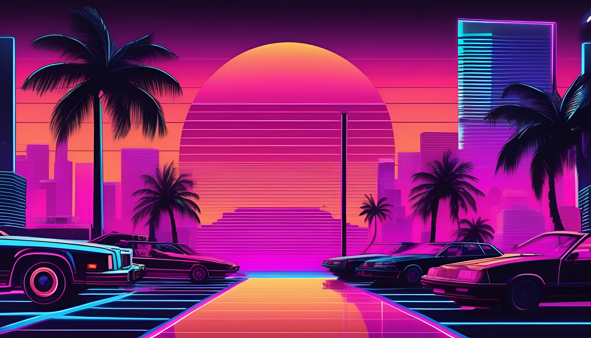 Glamorous neon cityscape at sunset in vibrant 80s Miami style.