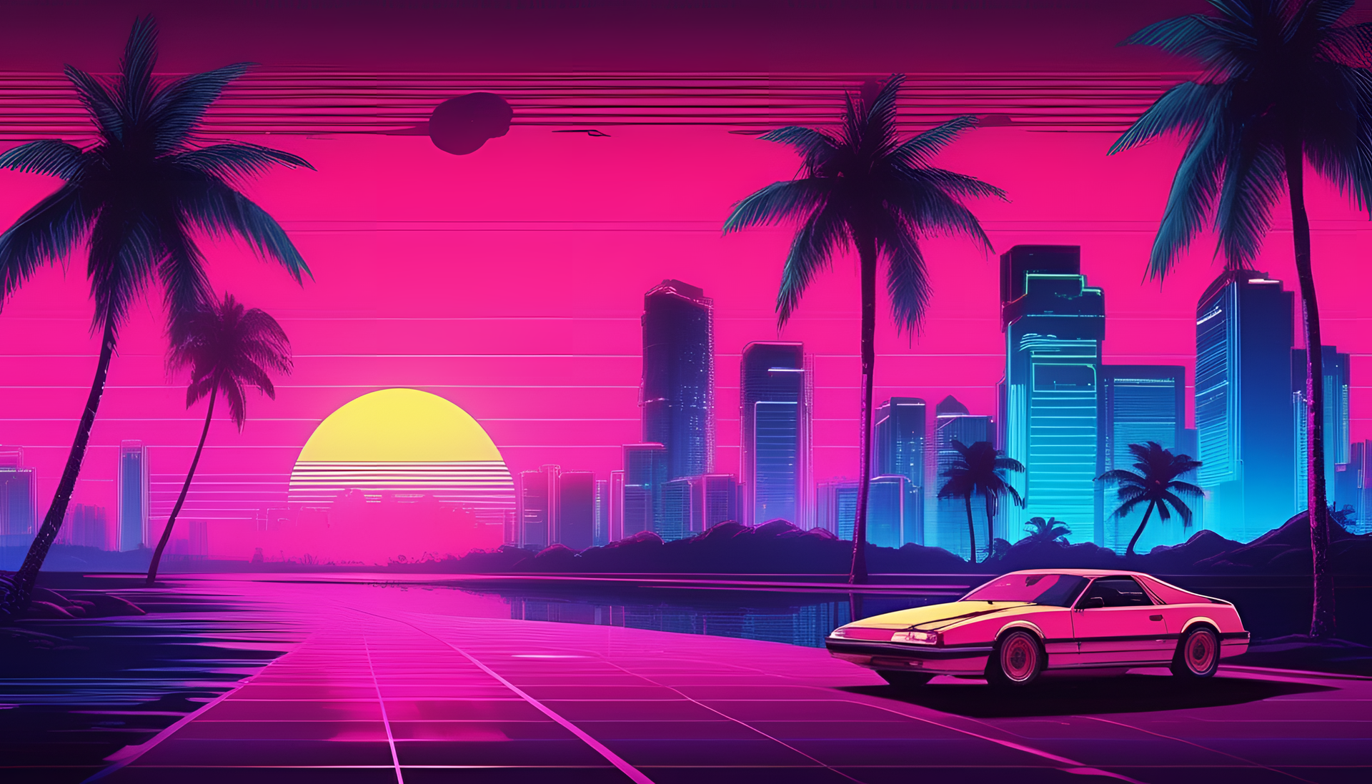 Vibrant anime cityscape set in 80s Miami style