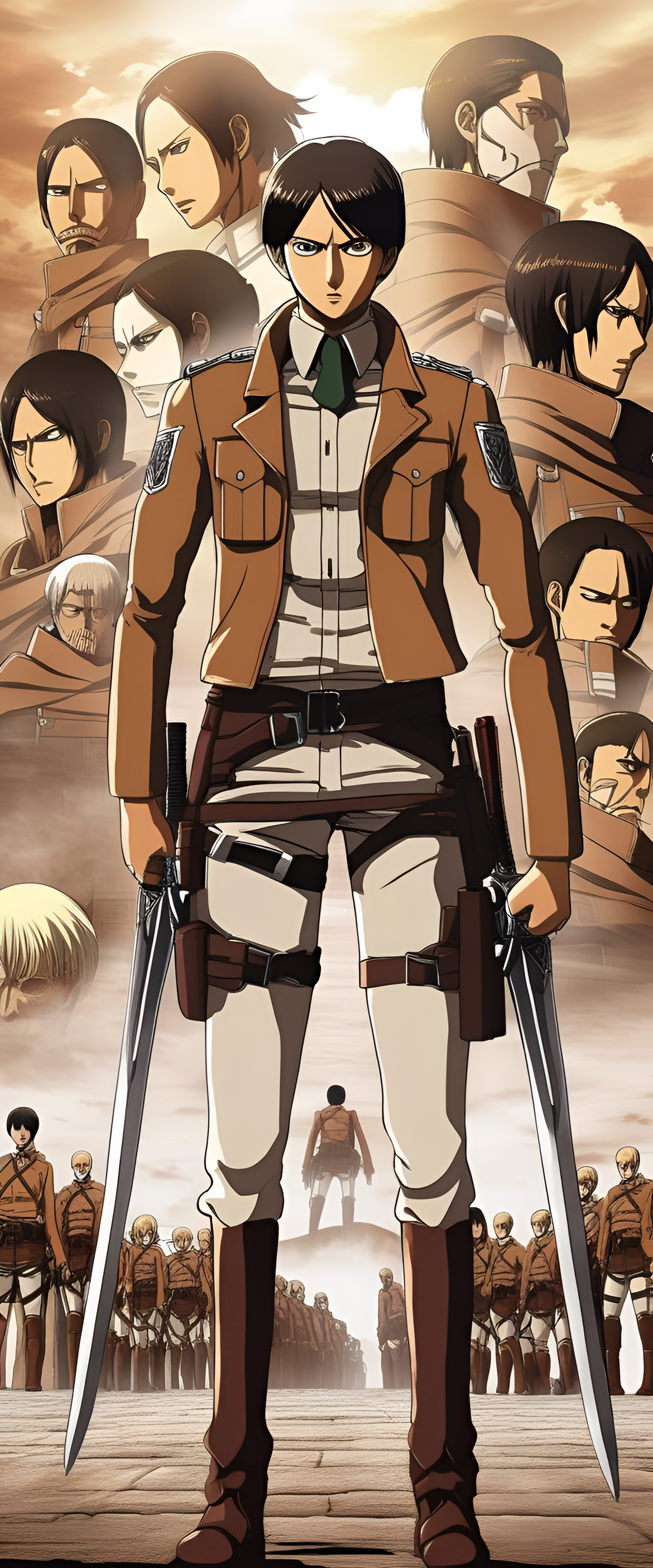 Attack on Titan phone wallpaper with dark background and the characters Levi and Eren standing back-to-back in front of the colossal titan.