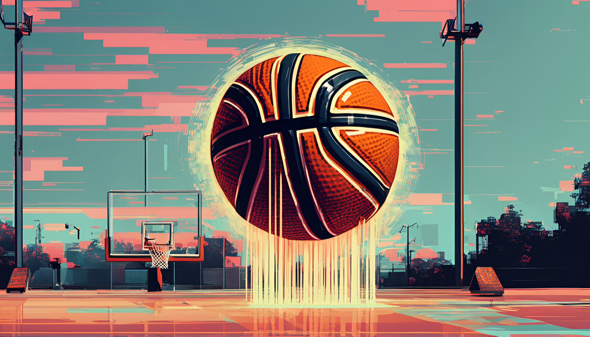 Glitched basketball in vibrant colors.