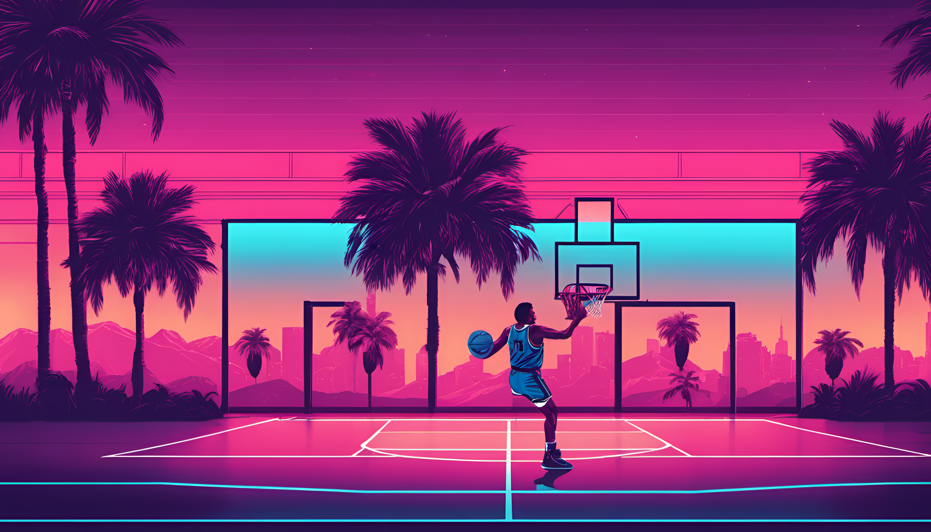 A retro-inspired basketball court with vibrant colors and neon lights.