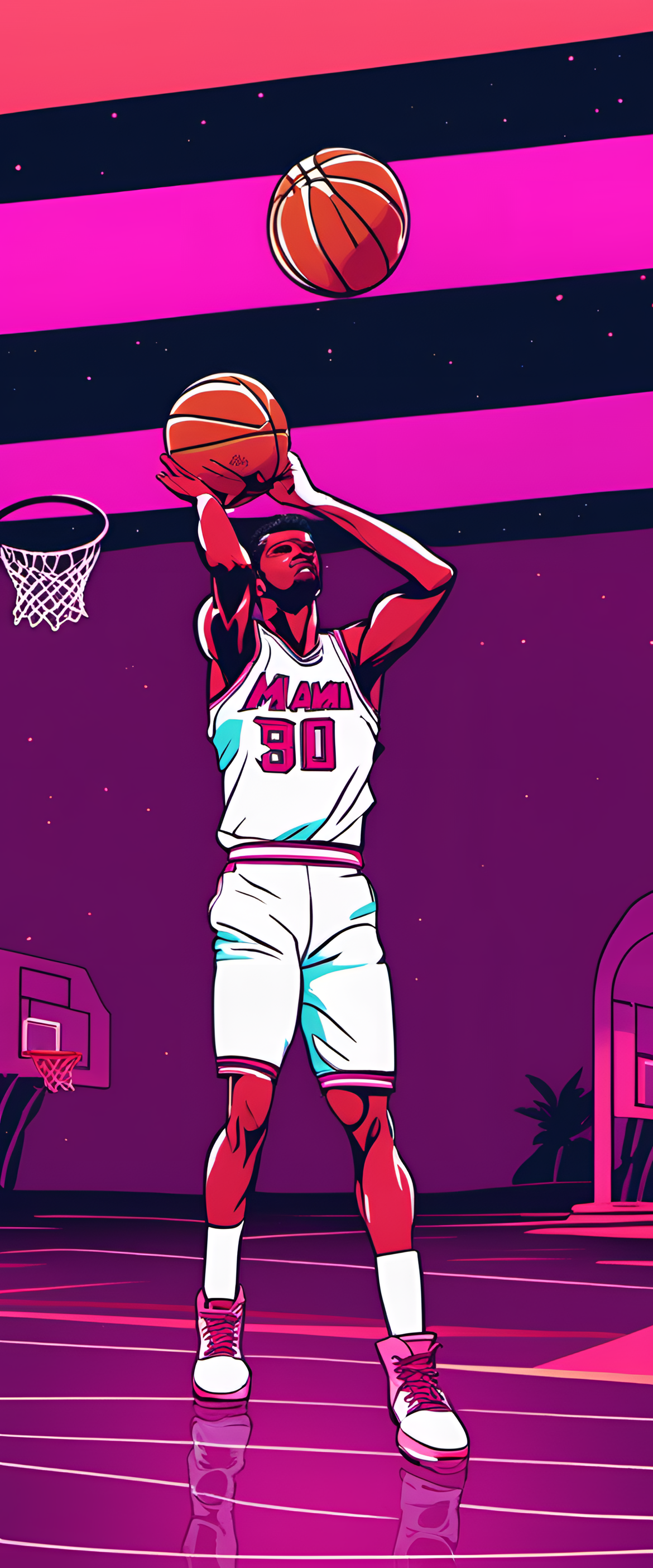 Glistening synthwave Miami-style basketball wallpaper.