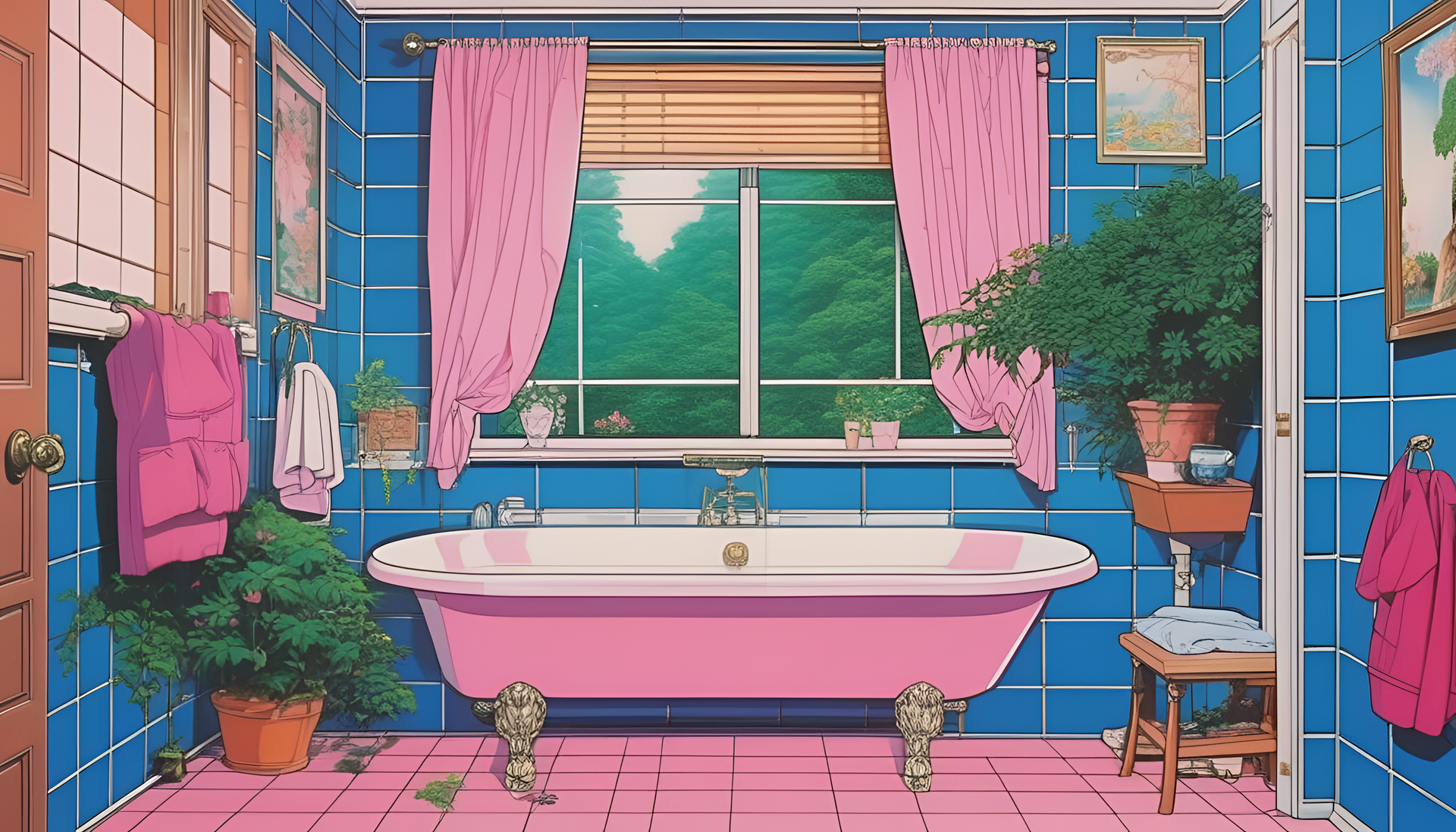 Colorful 1990s anime-style bathroom wallpaper with vibrant patterns and characters.