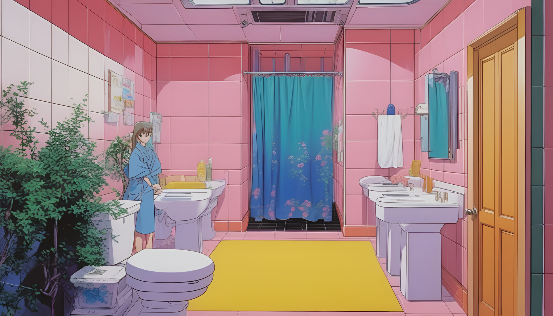 Colorful 1990s anime-inspired bathroom with vibrant decor and retro elements.