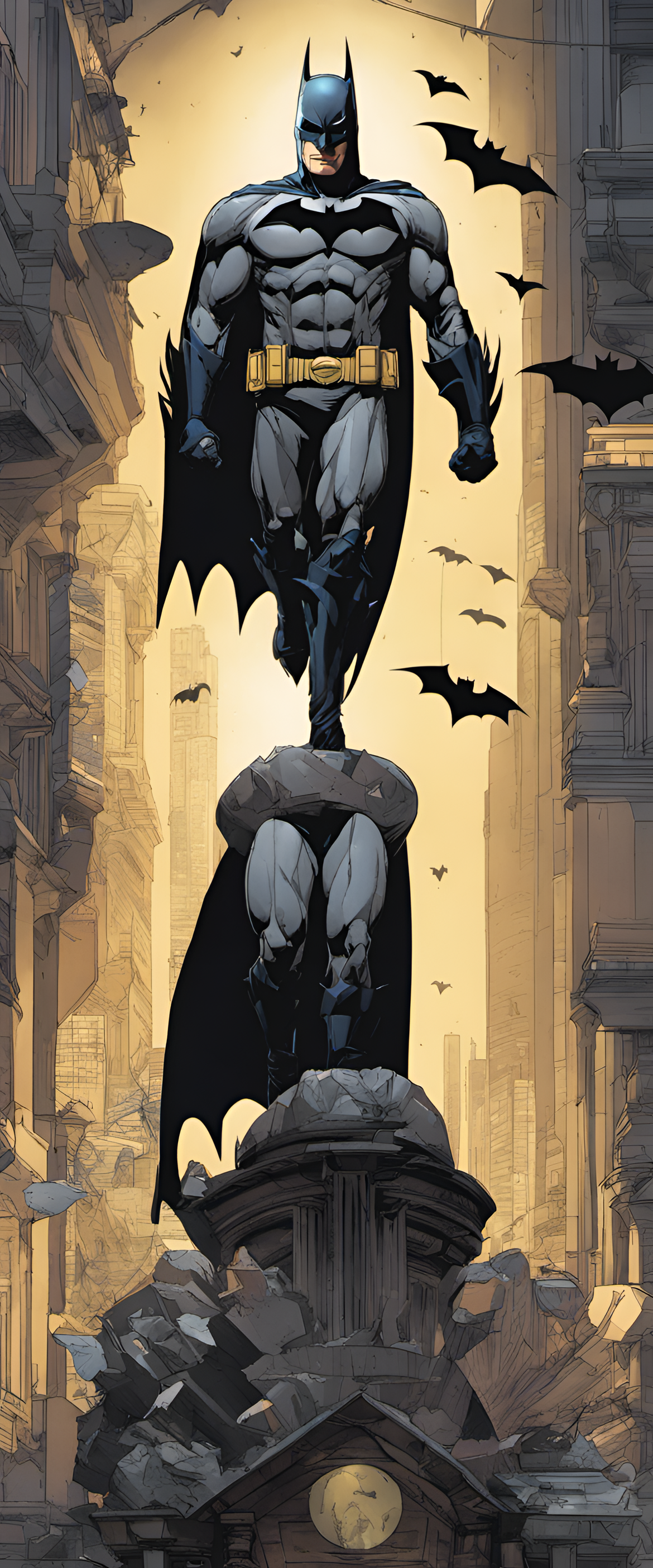 Transcendental Batman with vibrant colors in an otherworldly backdrop.