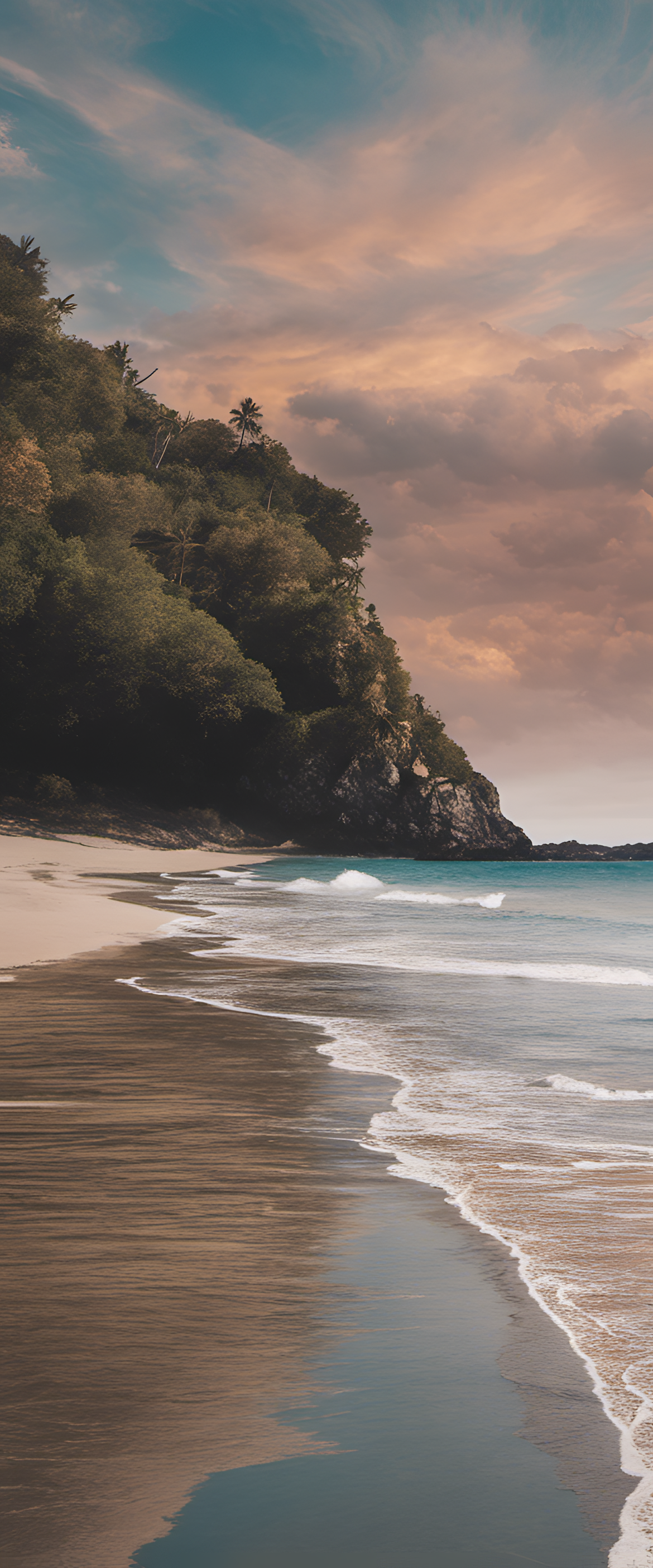 Idyllic beach scene with palm trees, turquoise water, and golden sand.