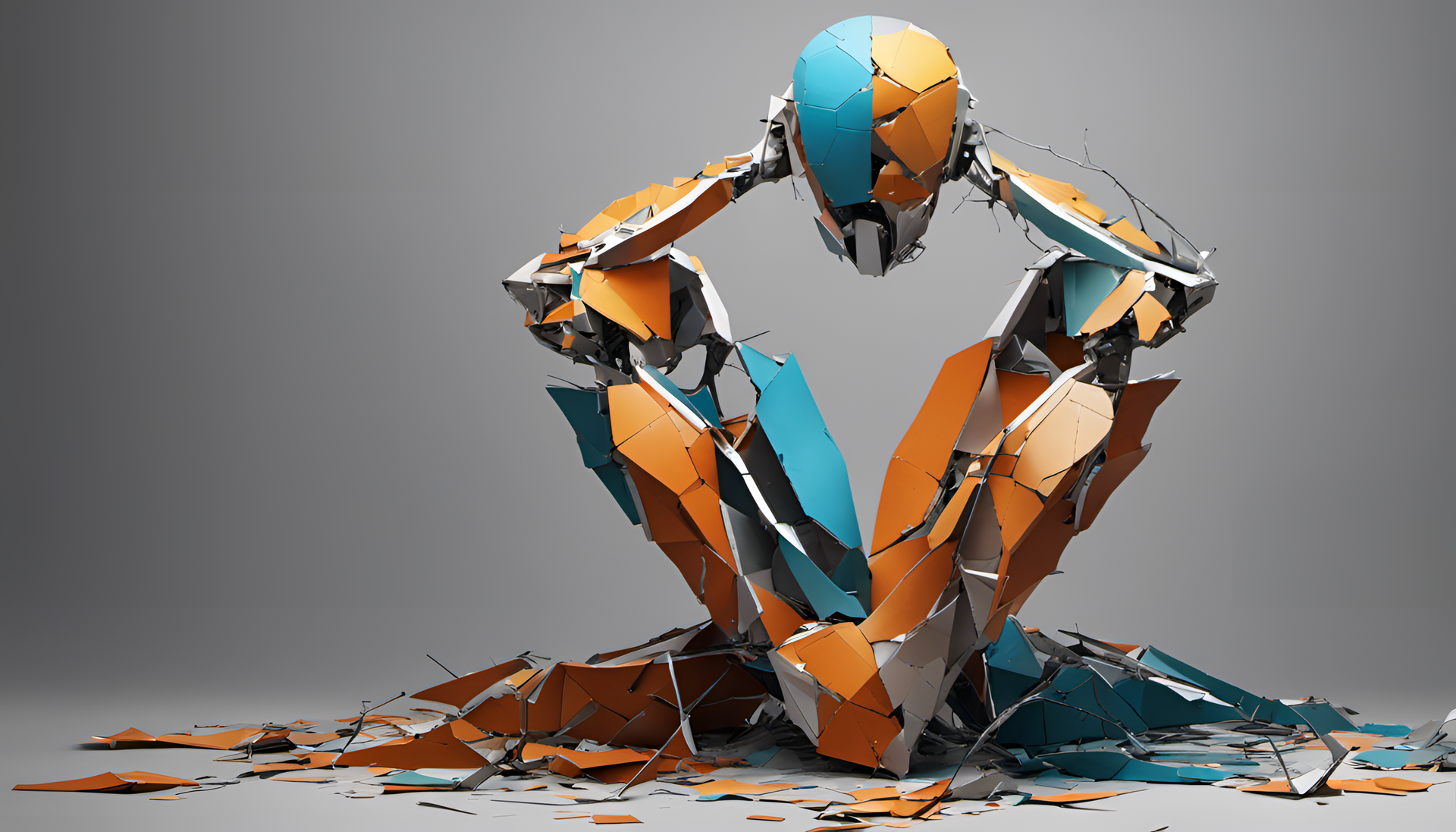 Cracked robotic sculpture in analogous colors.