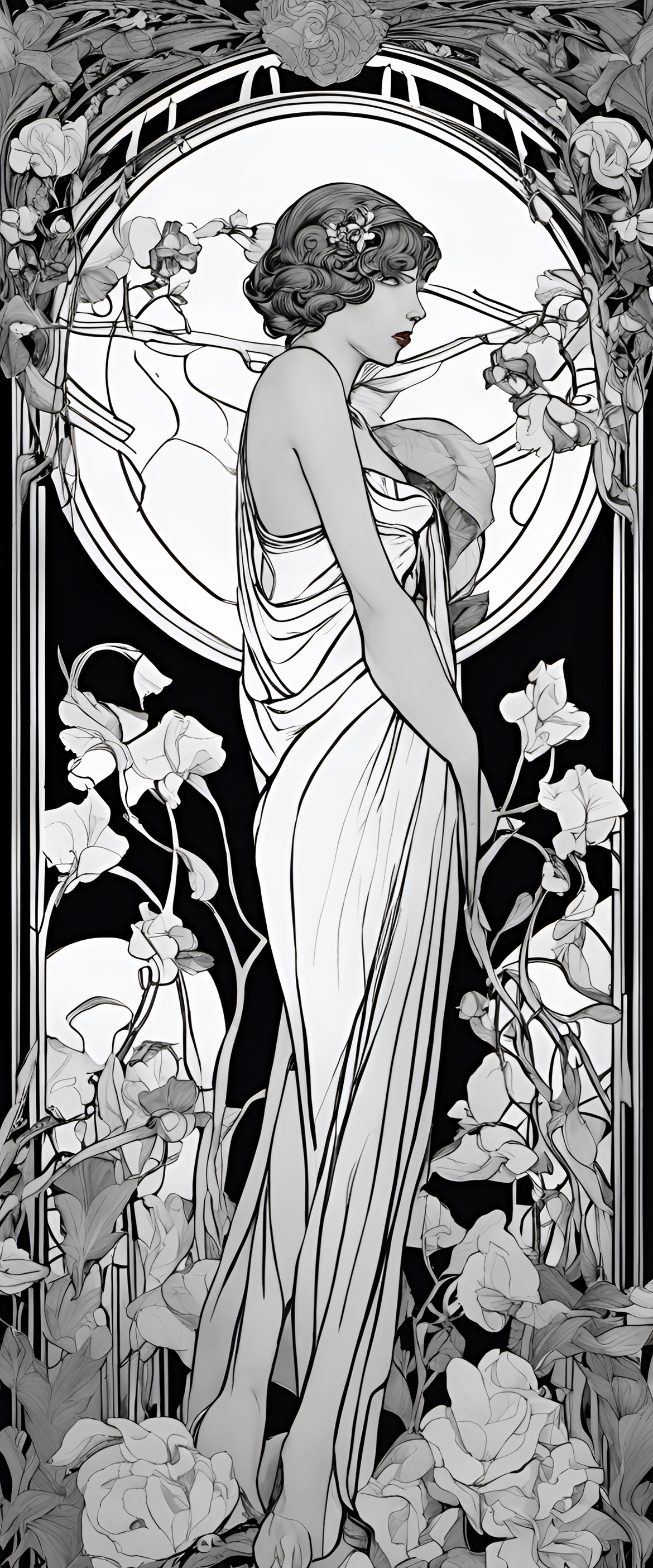 Art Nouveau black and white portrait.