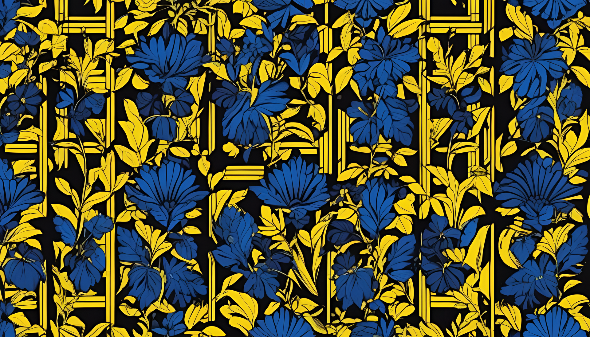 Vivid abstract artwork featuring blue and yellow colors against a black background.