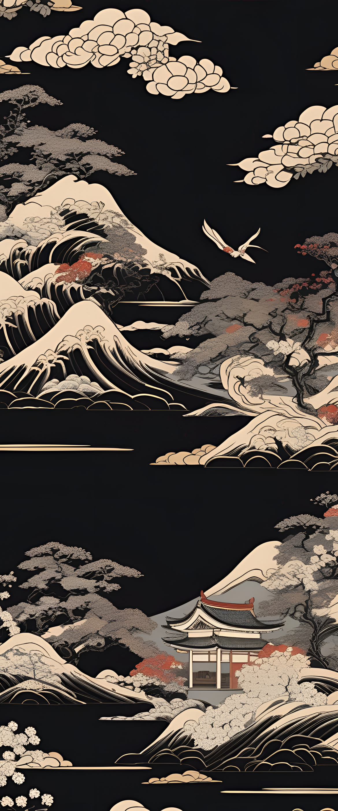 Intricate Japanese-inspired black screen wallpaper.