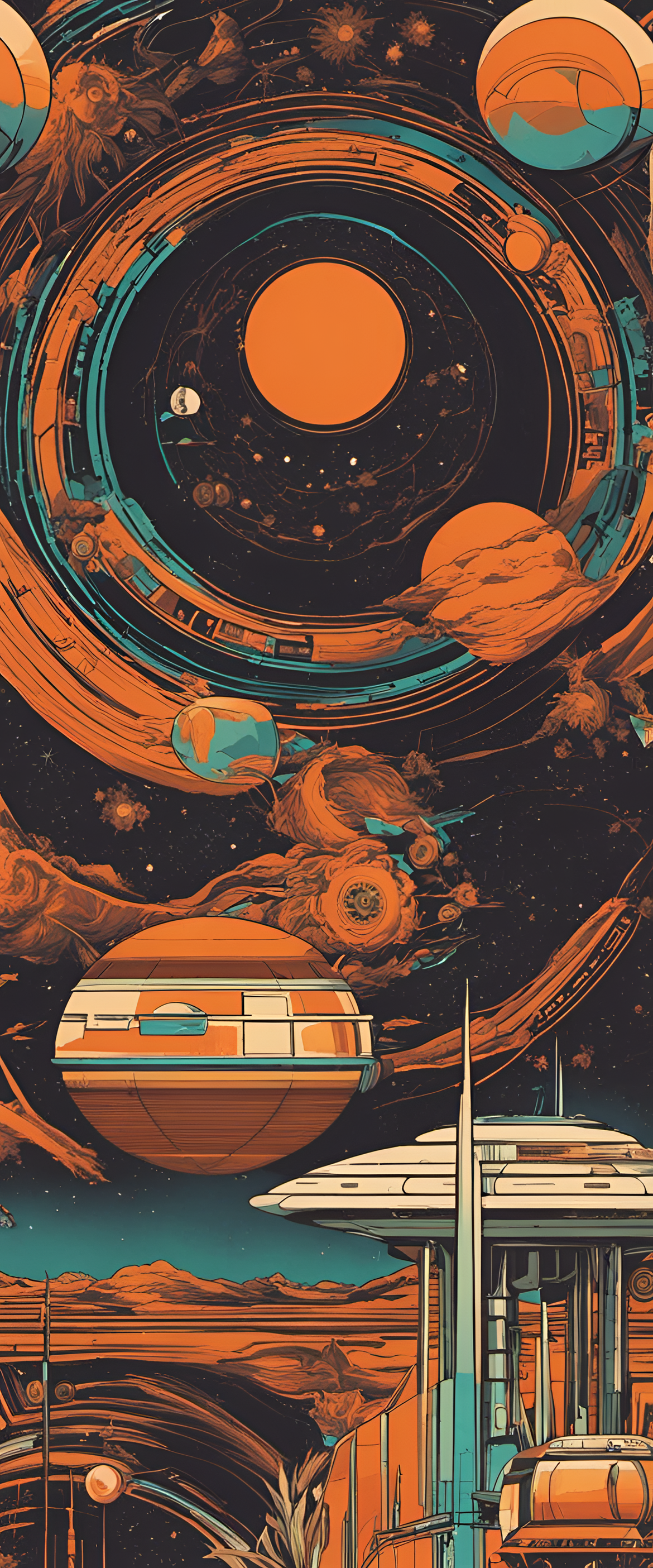 Boho-inspired 70's sci-fi art wallpaper with vibrant colors and abstract patterns.