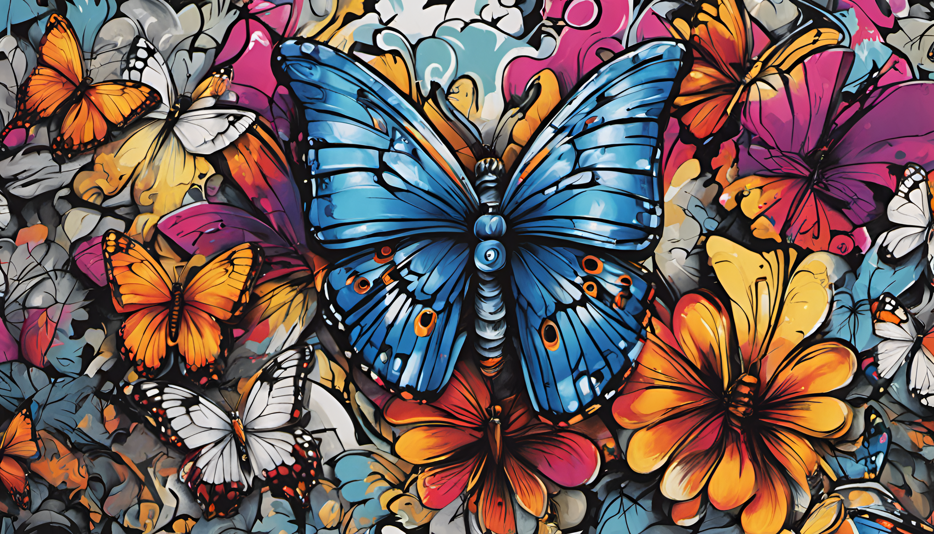 Colorful butterfly painted on a graffiti-covered background.