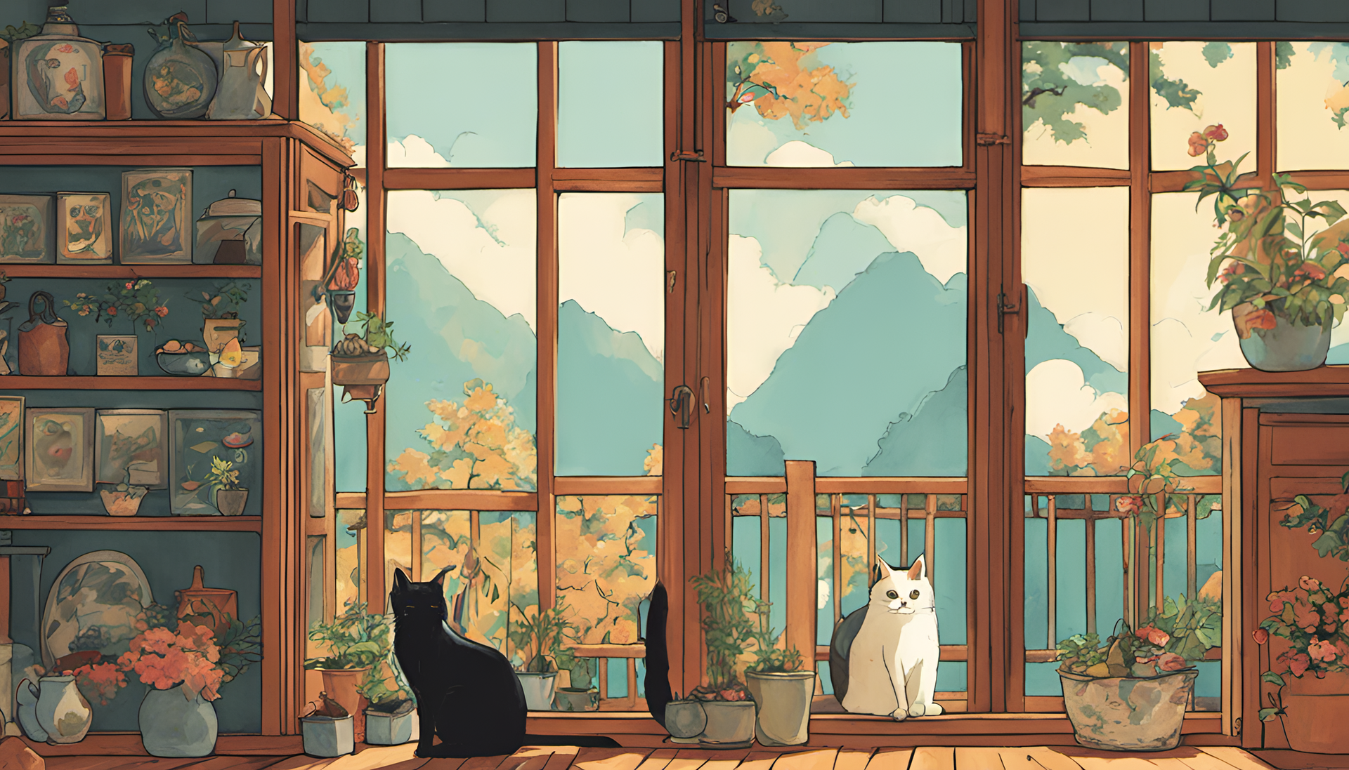 Studio Ghibli-inspired, whimsical cat in a scenic wallpaper.