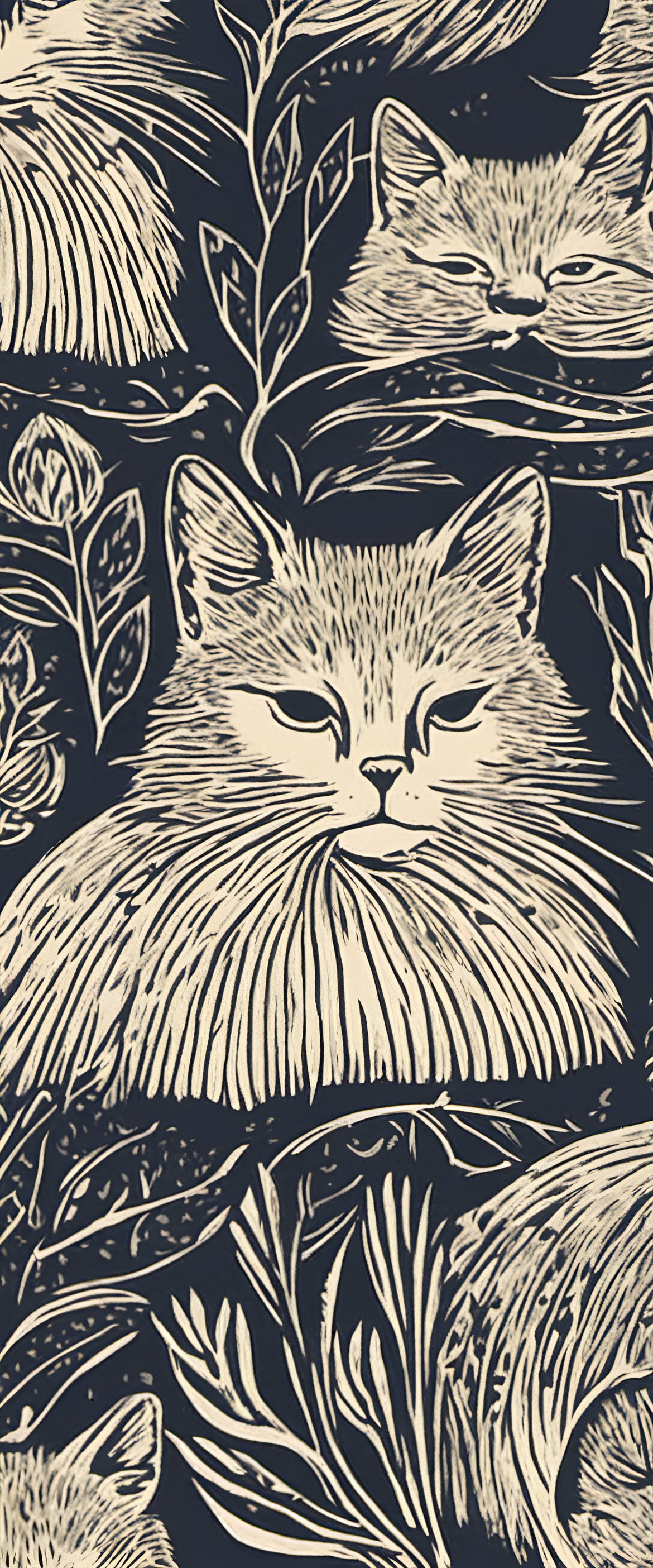 Abstract linocut-inspired cat design for phone wallpaper.