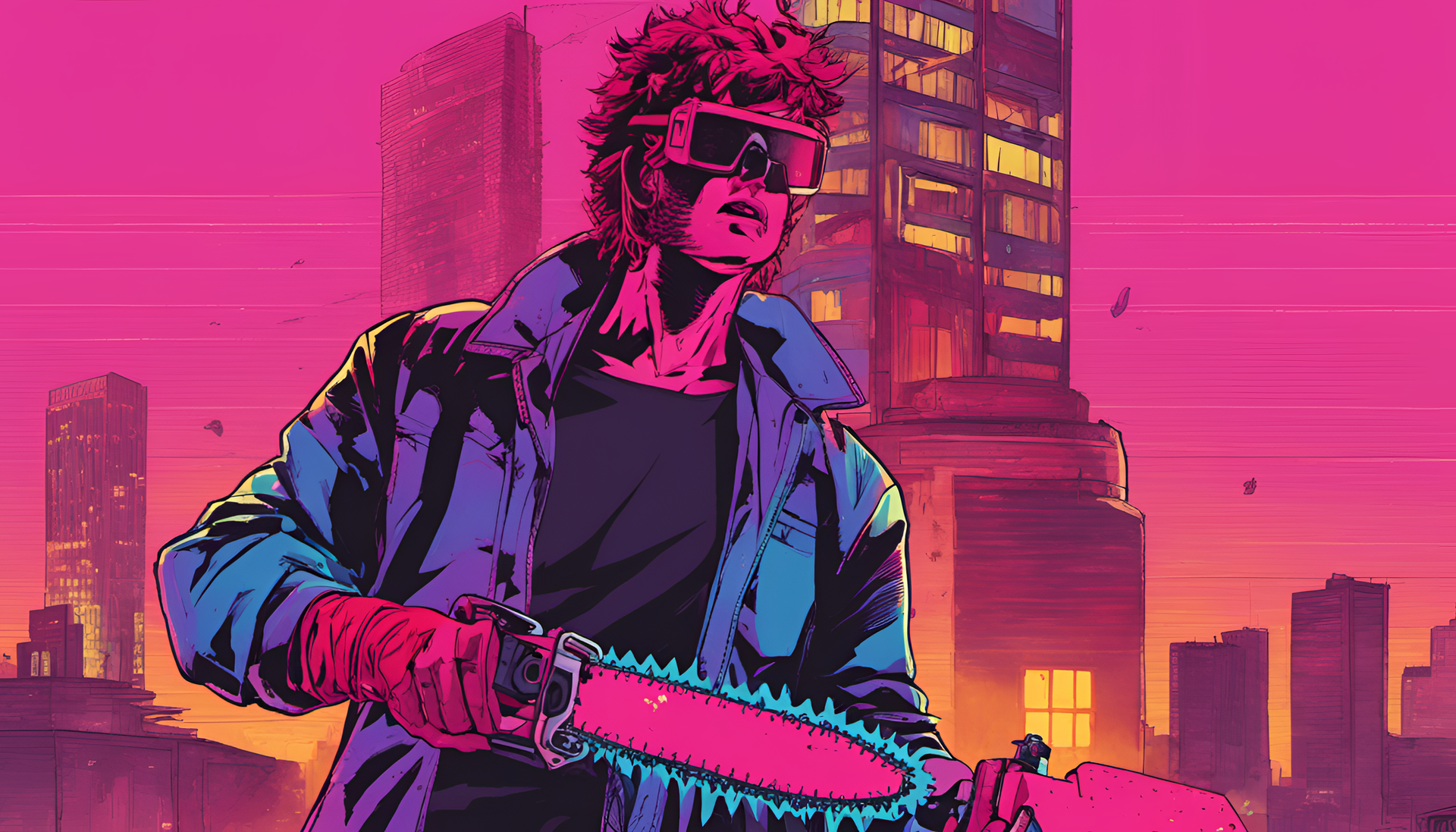 Chainsaw Man in a vibrant retrowave-style wallpaper.