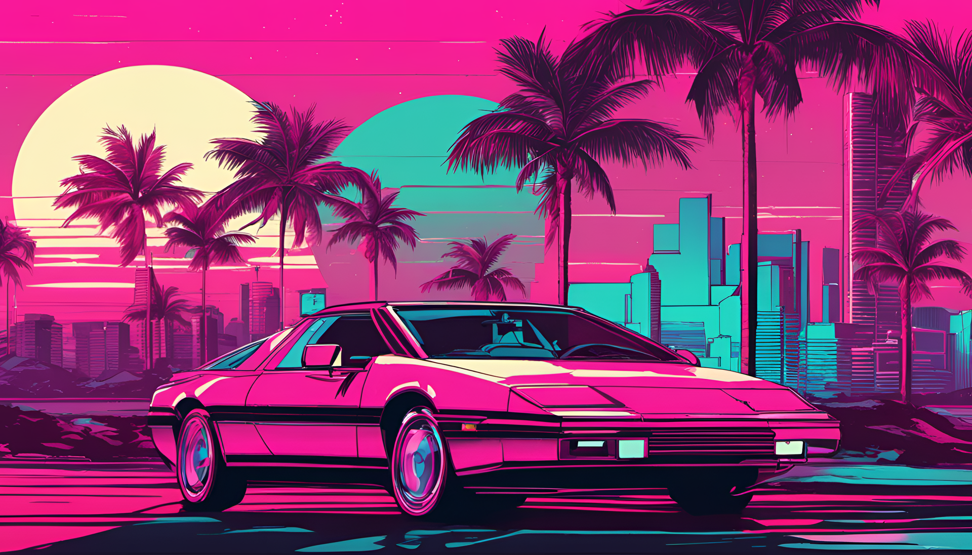 Synthwave-inspired Miami skyline at sunset with vibrant neon colors, reflecting a glamorous and nostalgic 80s atmosphere.