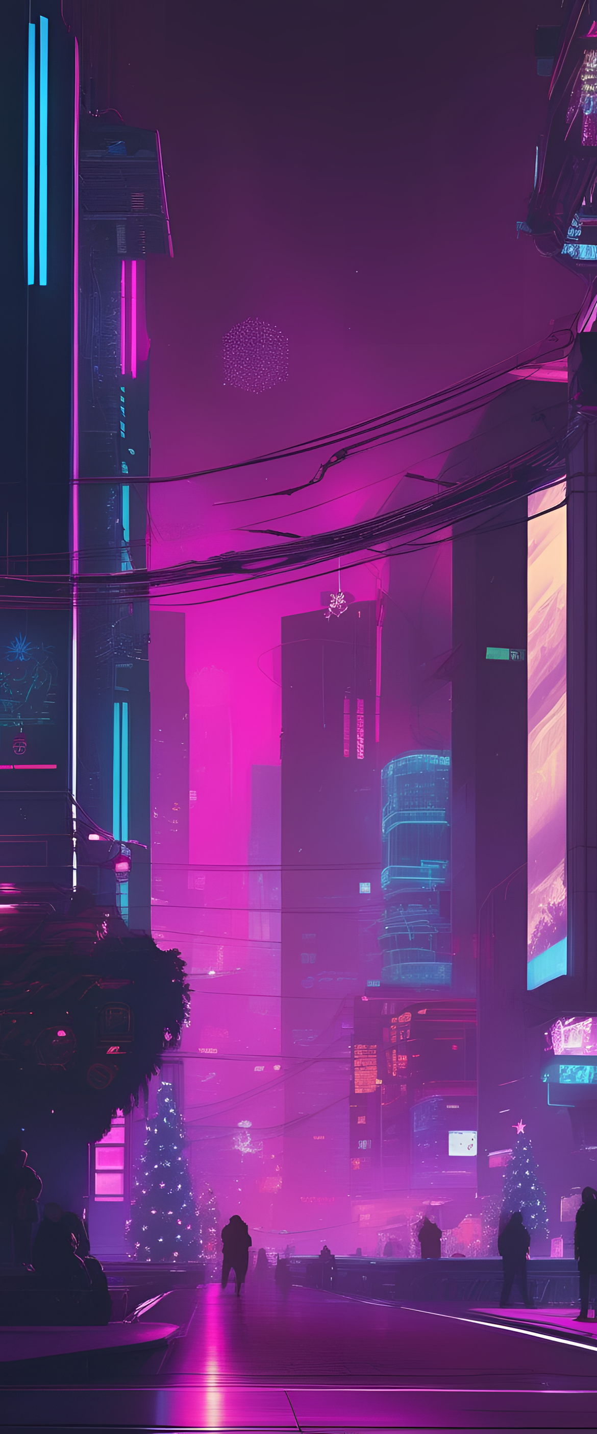 Vibrant cyberpunk-inspired Christmas wallpaper featuring futuristic lights and decorations.