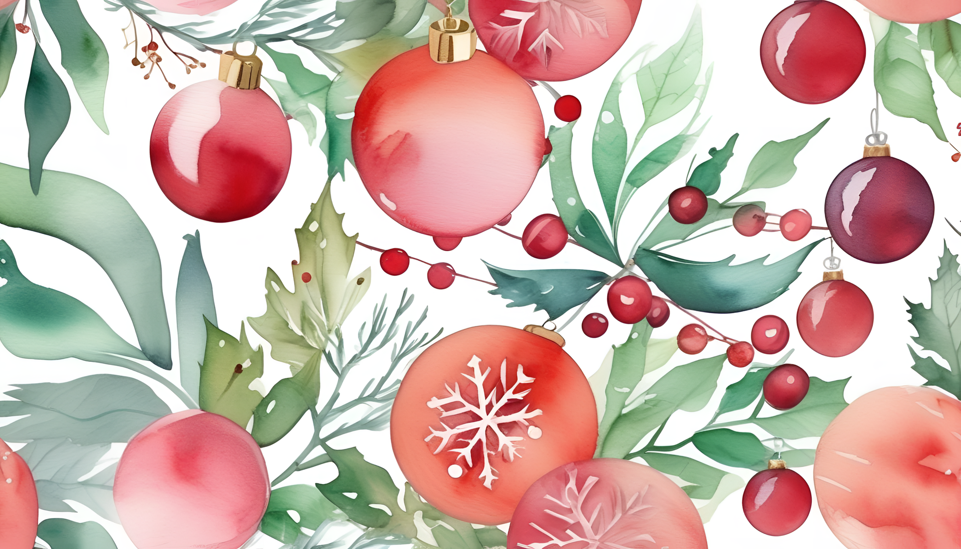 Colorful watercolor Christmas design with festive ornaments and holiday decorations.