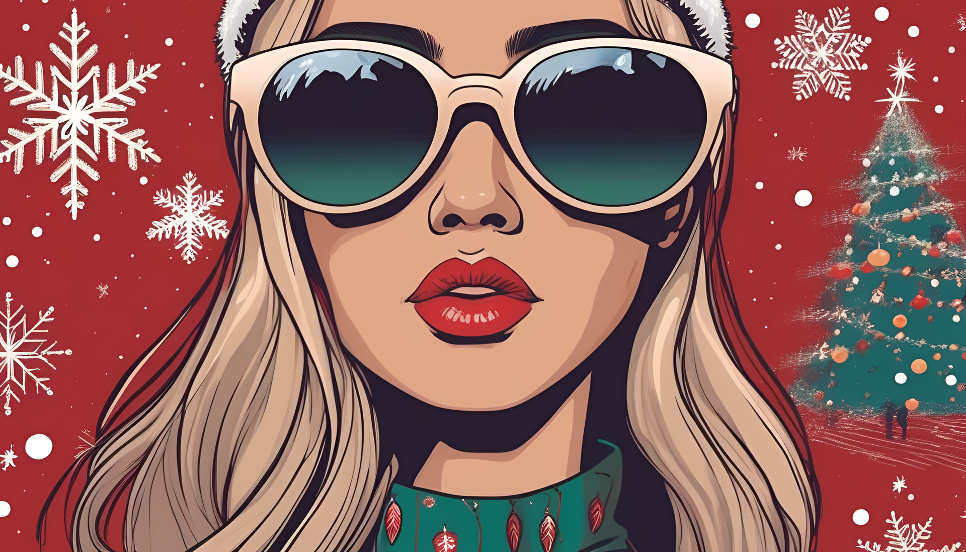 Christmas-themed sunglasses on a stylish desktop wallpaper.