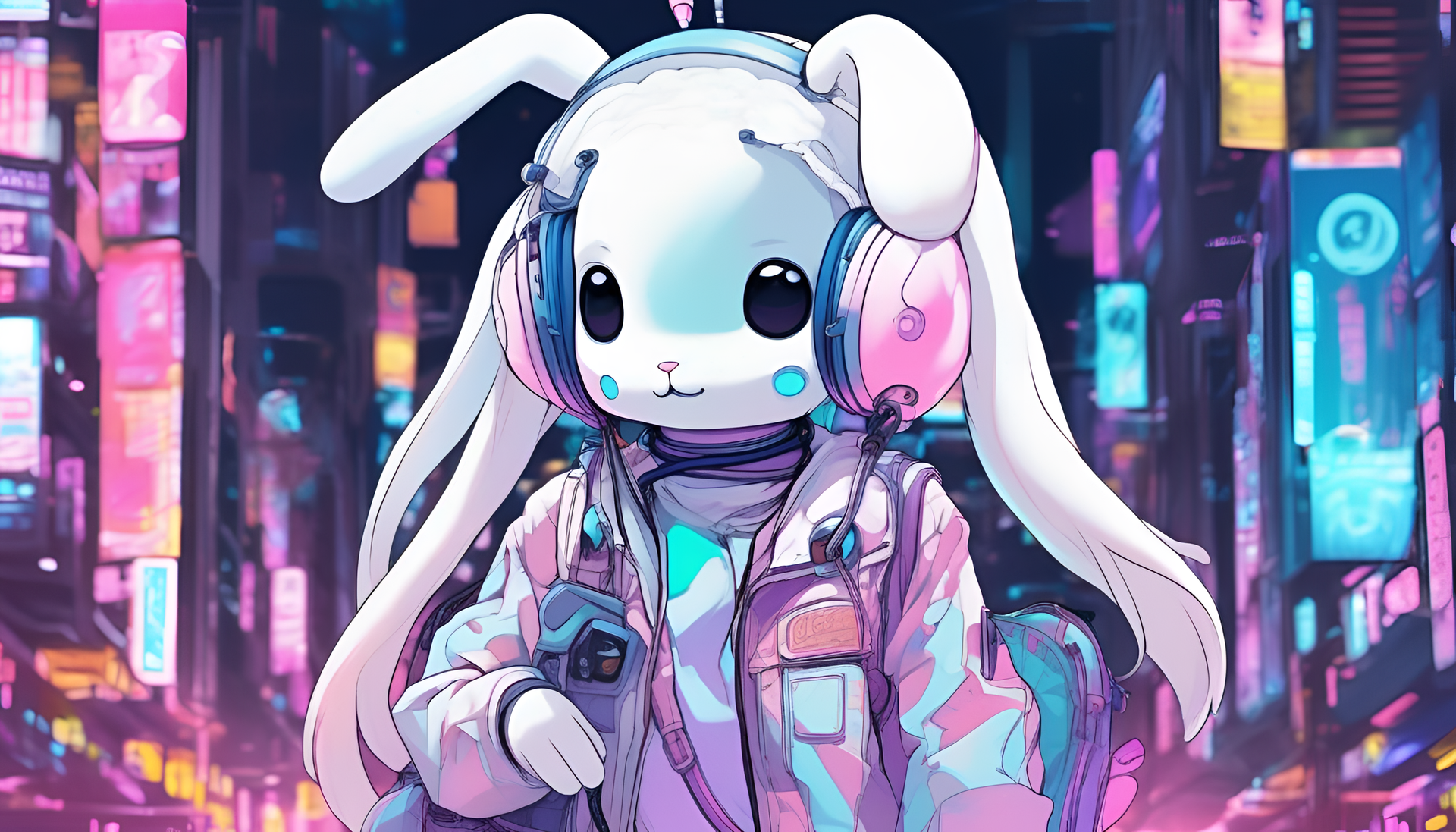 Cinnamoroll in cyberpunk style with vibrant colors.