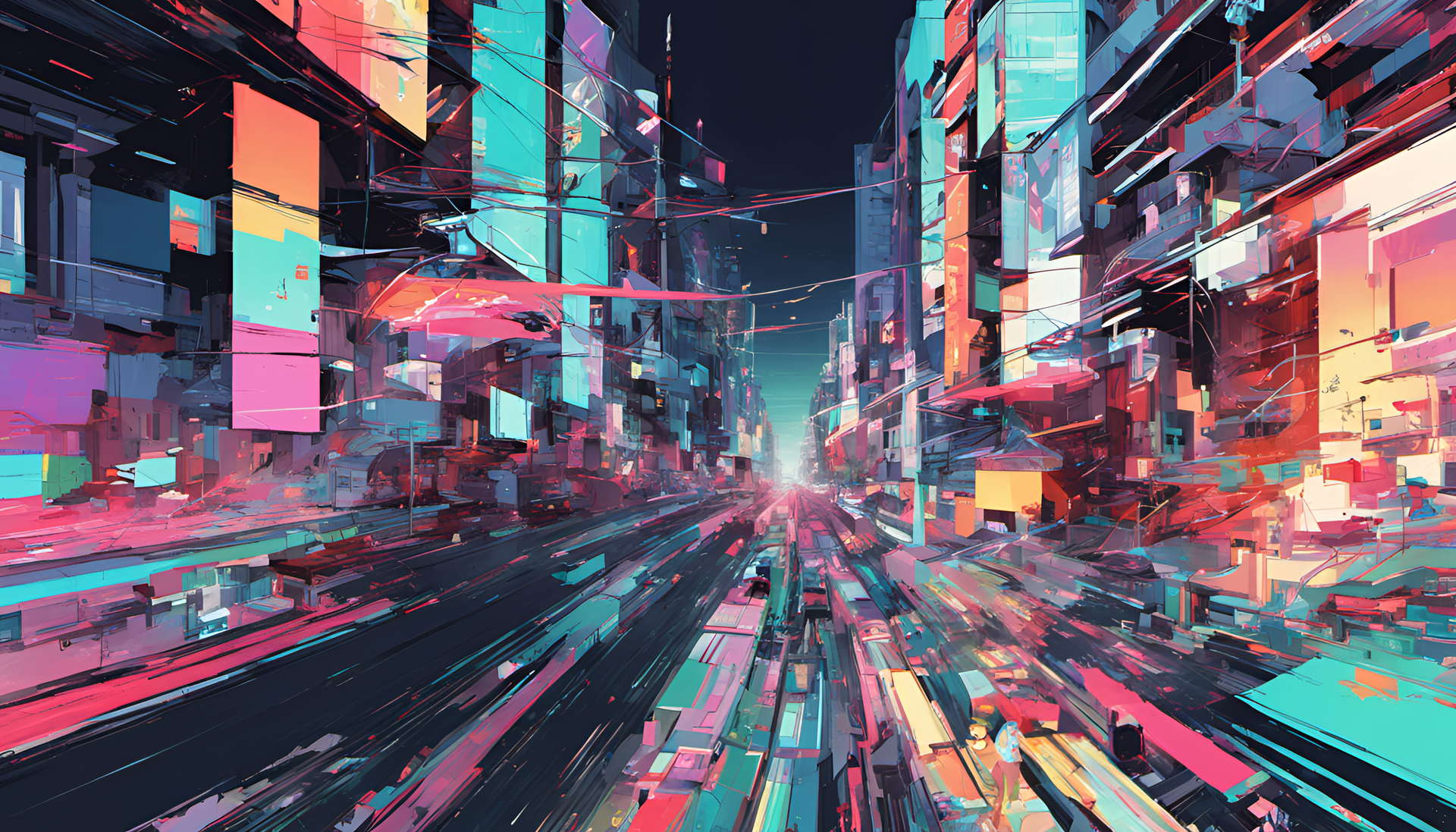 Colorful glitch art of a detailed anime-inspired desktop wallpaper.