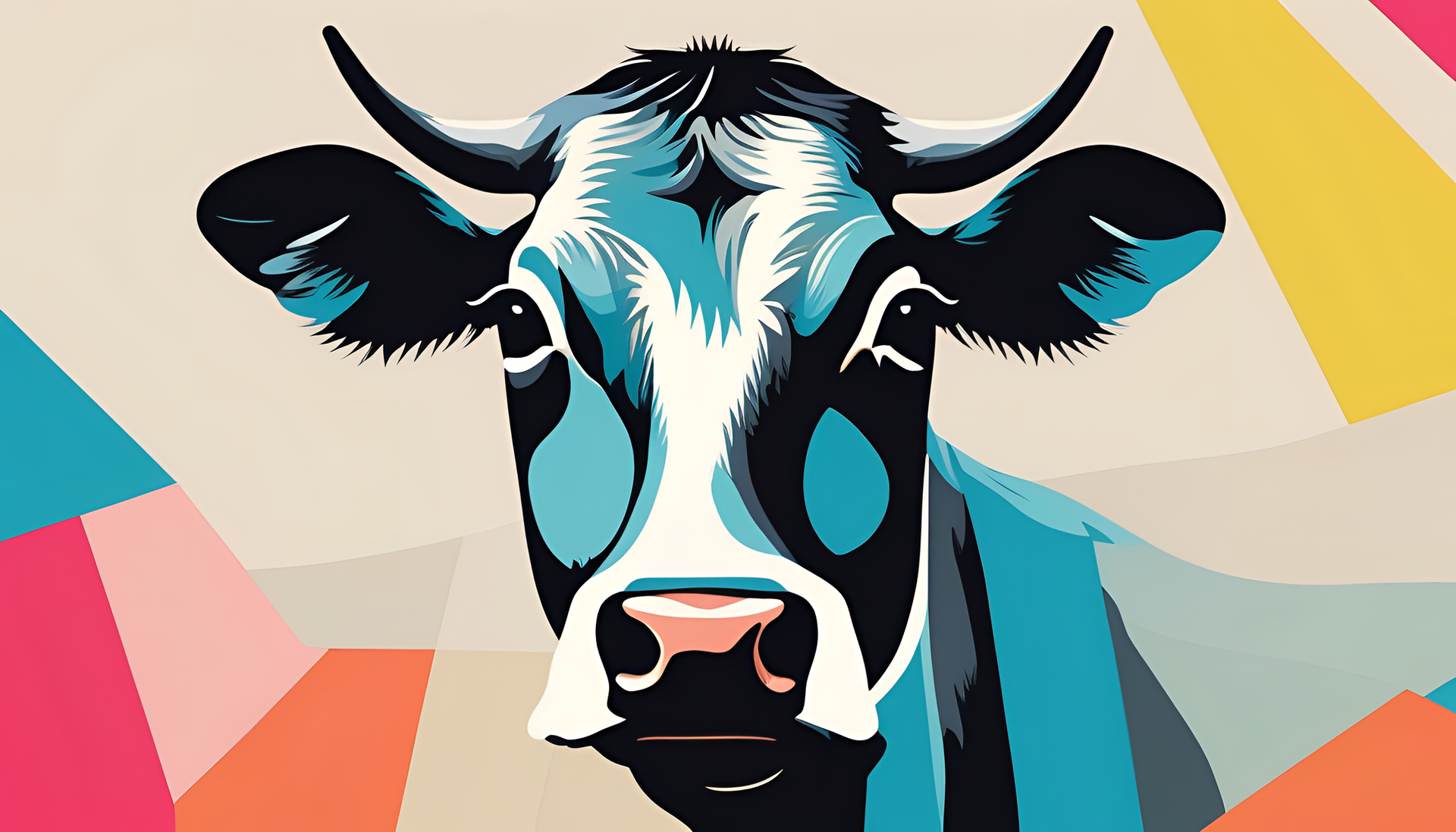 Minimalist pop art cow on a colorful desktop wallpaper.