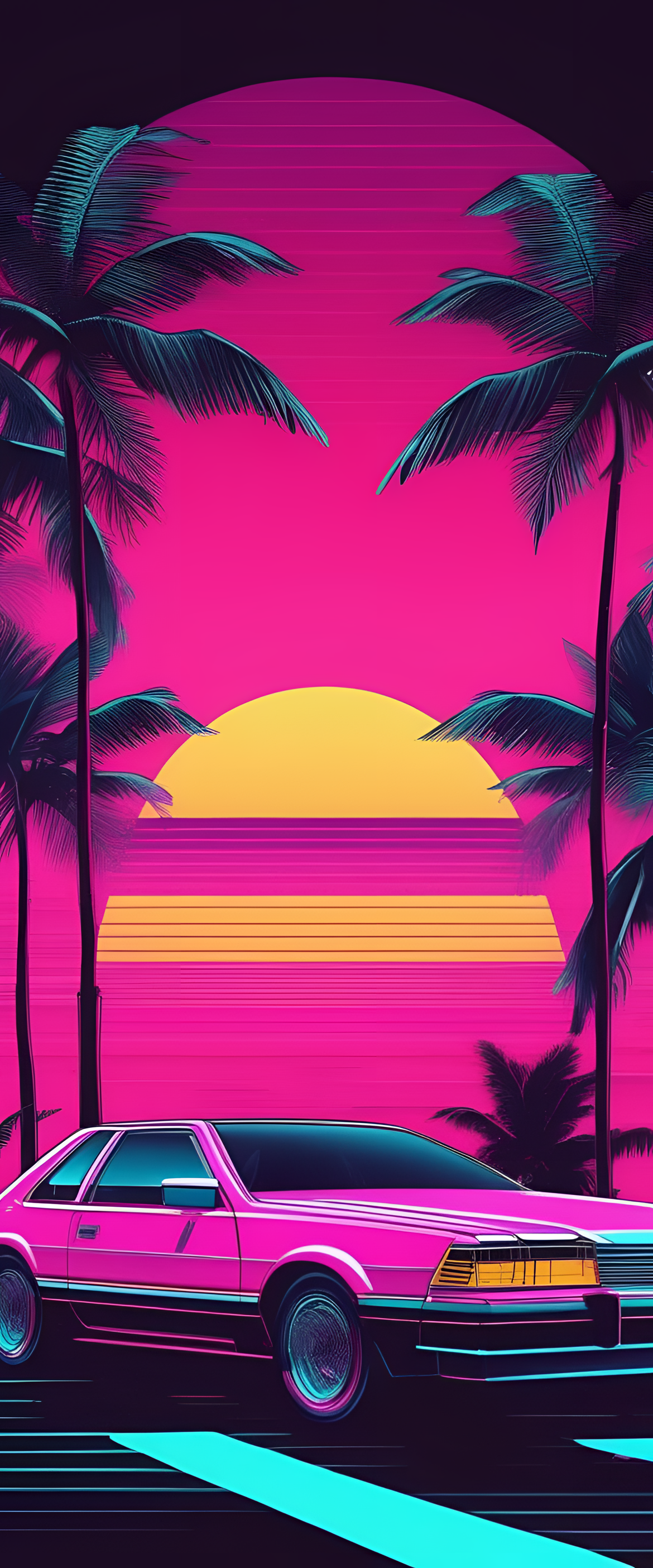 Neon cross against a sunset background in glamorous 80s Miami synthwave style.