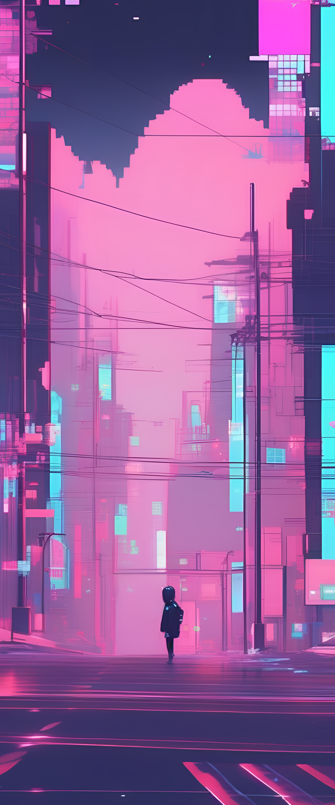 Colorful glitched wallpaper with cute aesthetic elements.