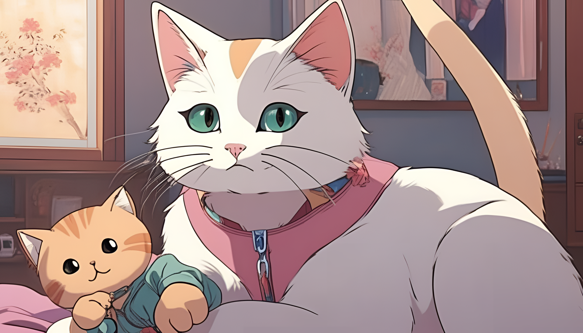 Cute cat with a 1990s anime-inspired design.