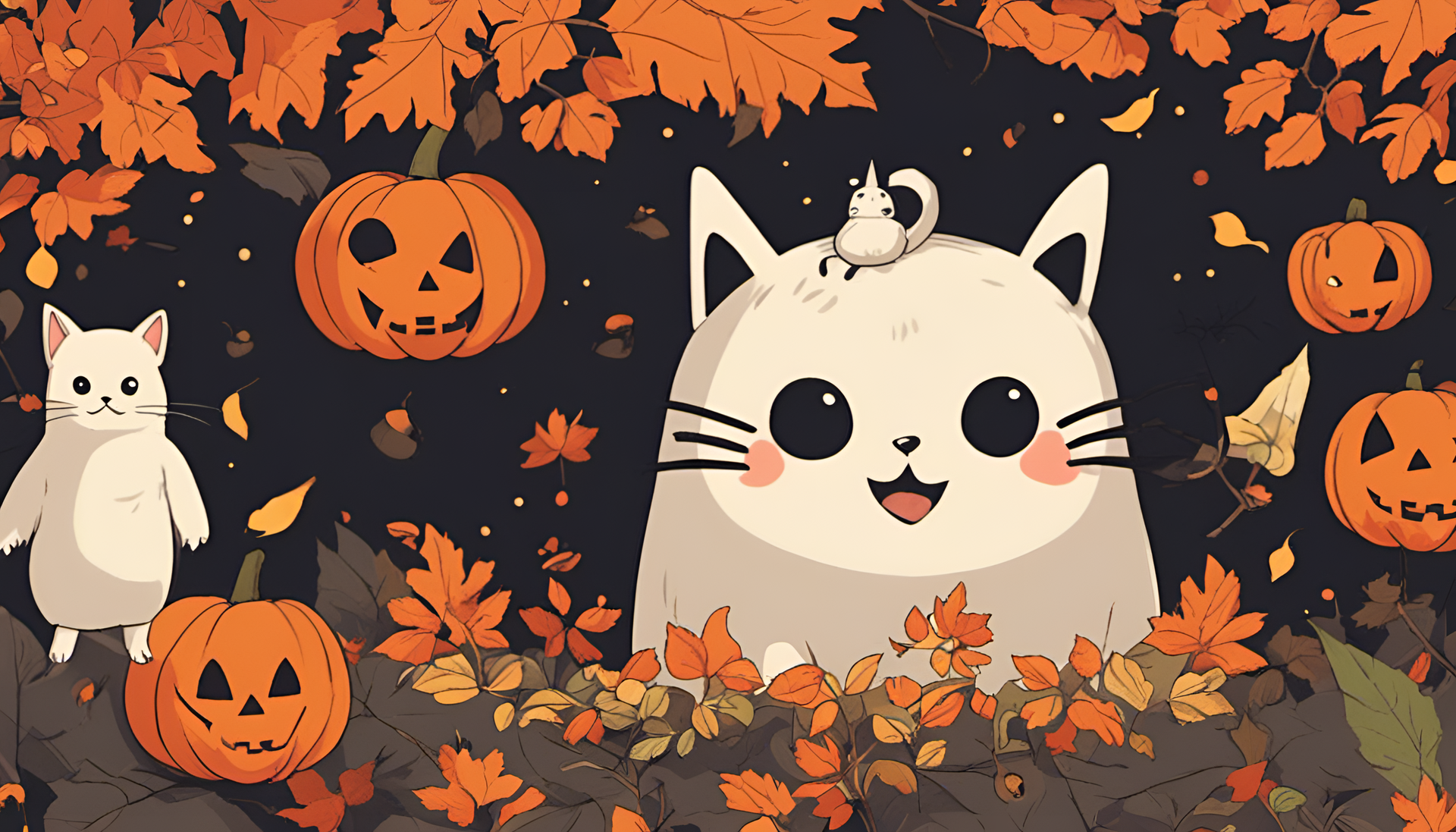 Cute Halloween characters in Studio Ghibli style.