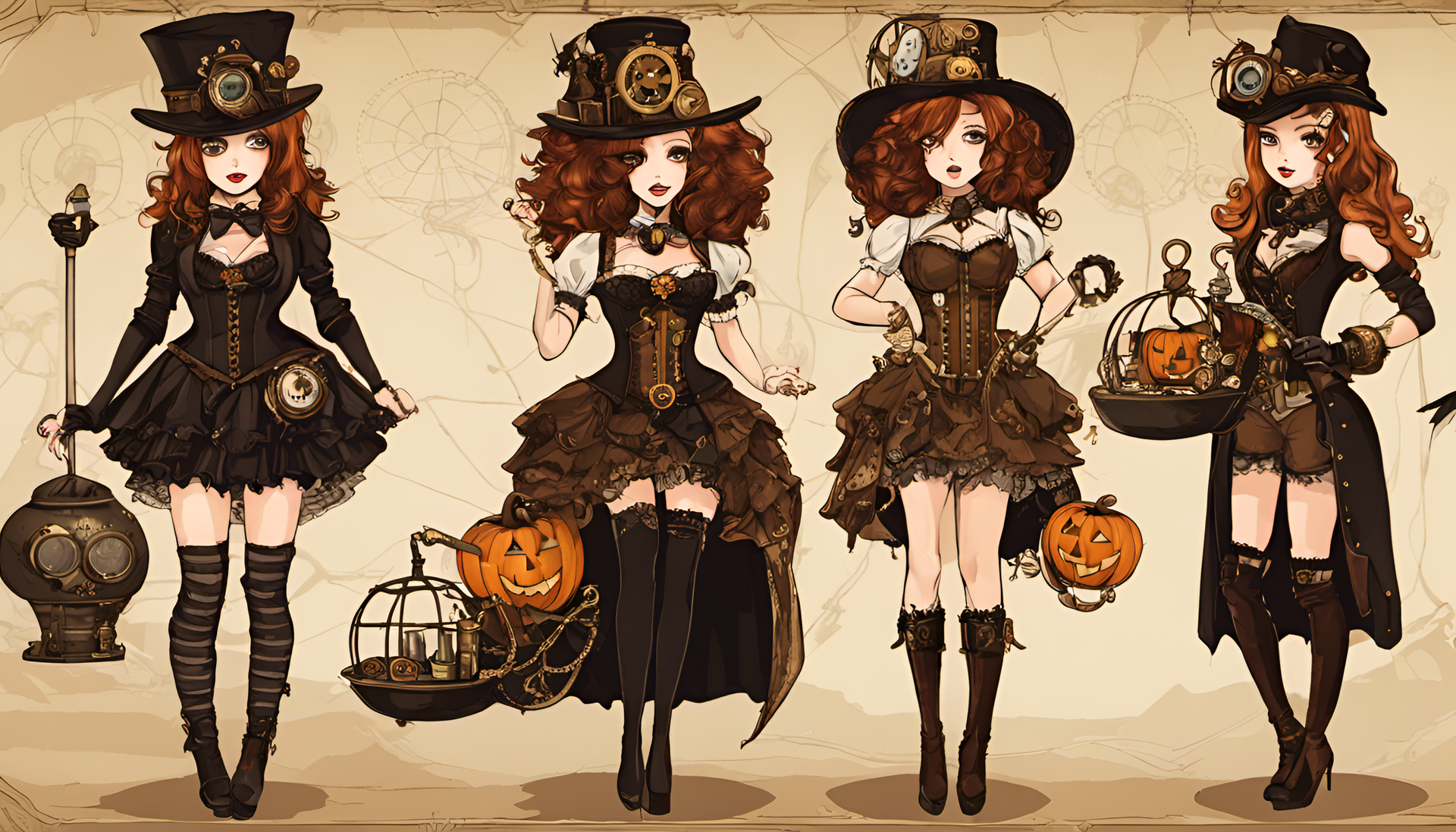 Steampunk-inspired cute Halloween scene with captivating details.