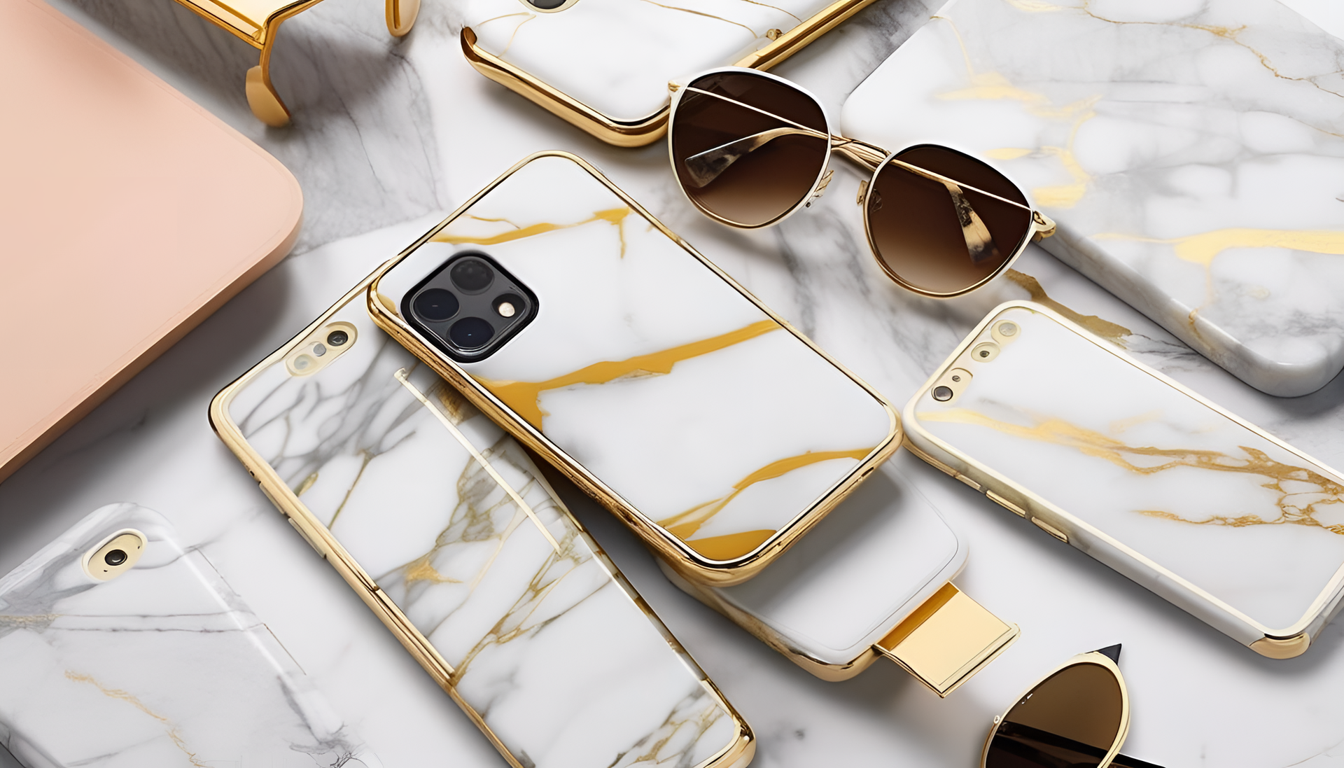 Gold and marble colored phone with stylish sunglasses.