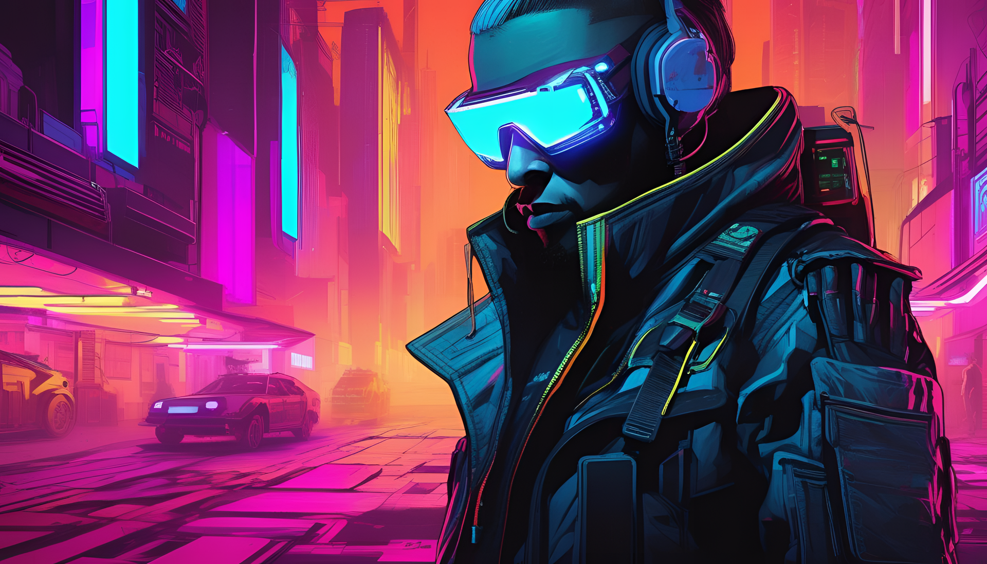 Futuristic neon cityscape at night in cyberpunk style