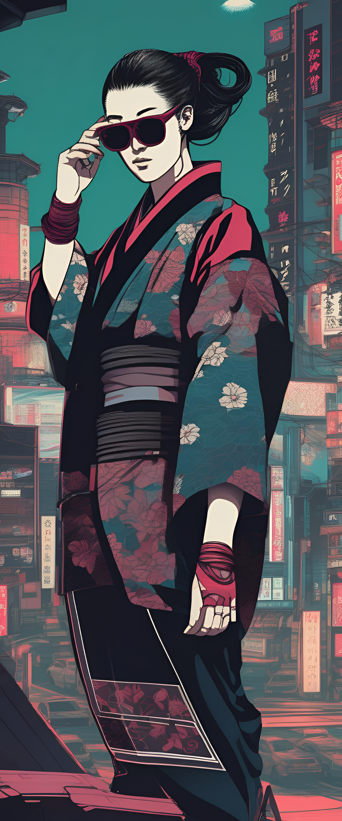 Cyberpunk-inspired Ukiyo-e artwork featuring sunglasses.