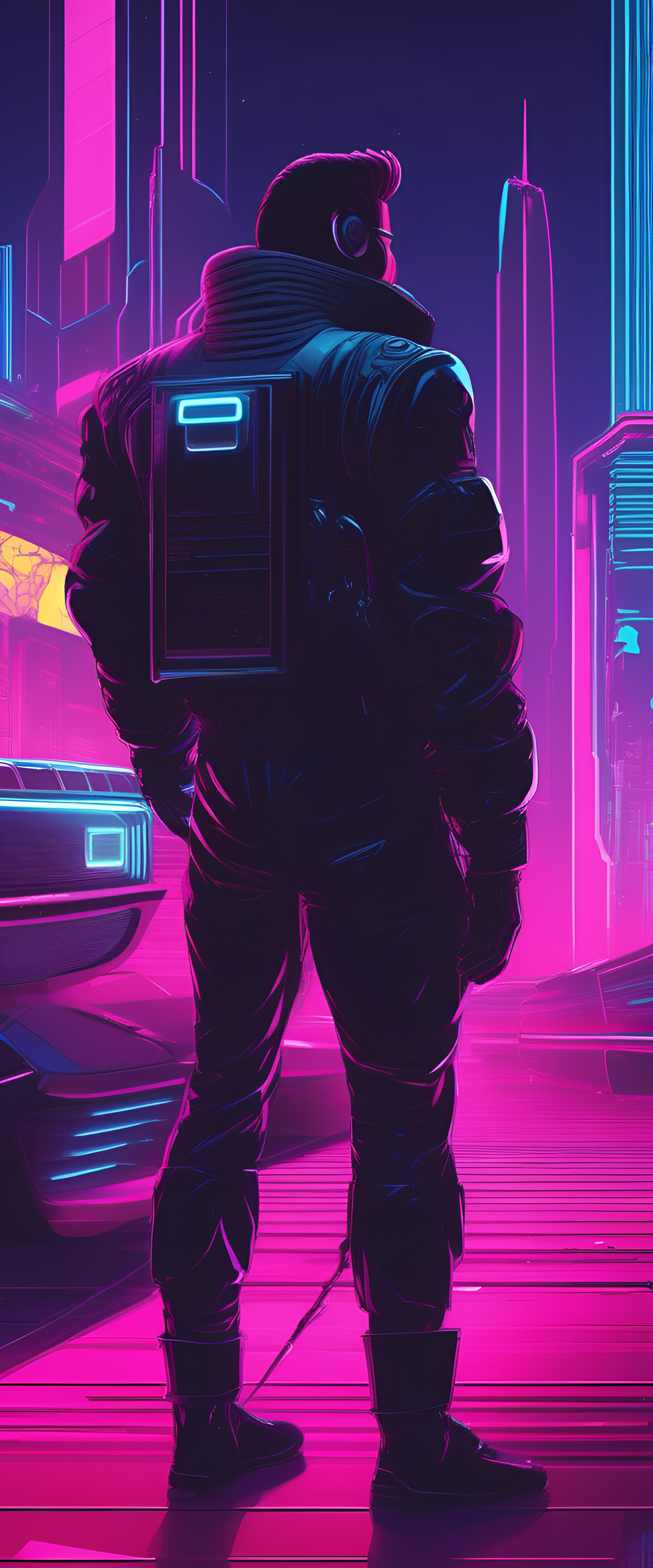 Stylized cyberpunk retrowave phone wallpaper.