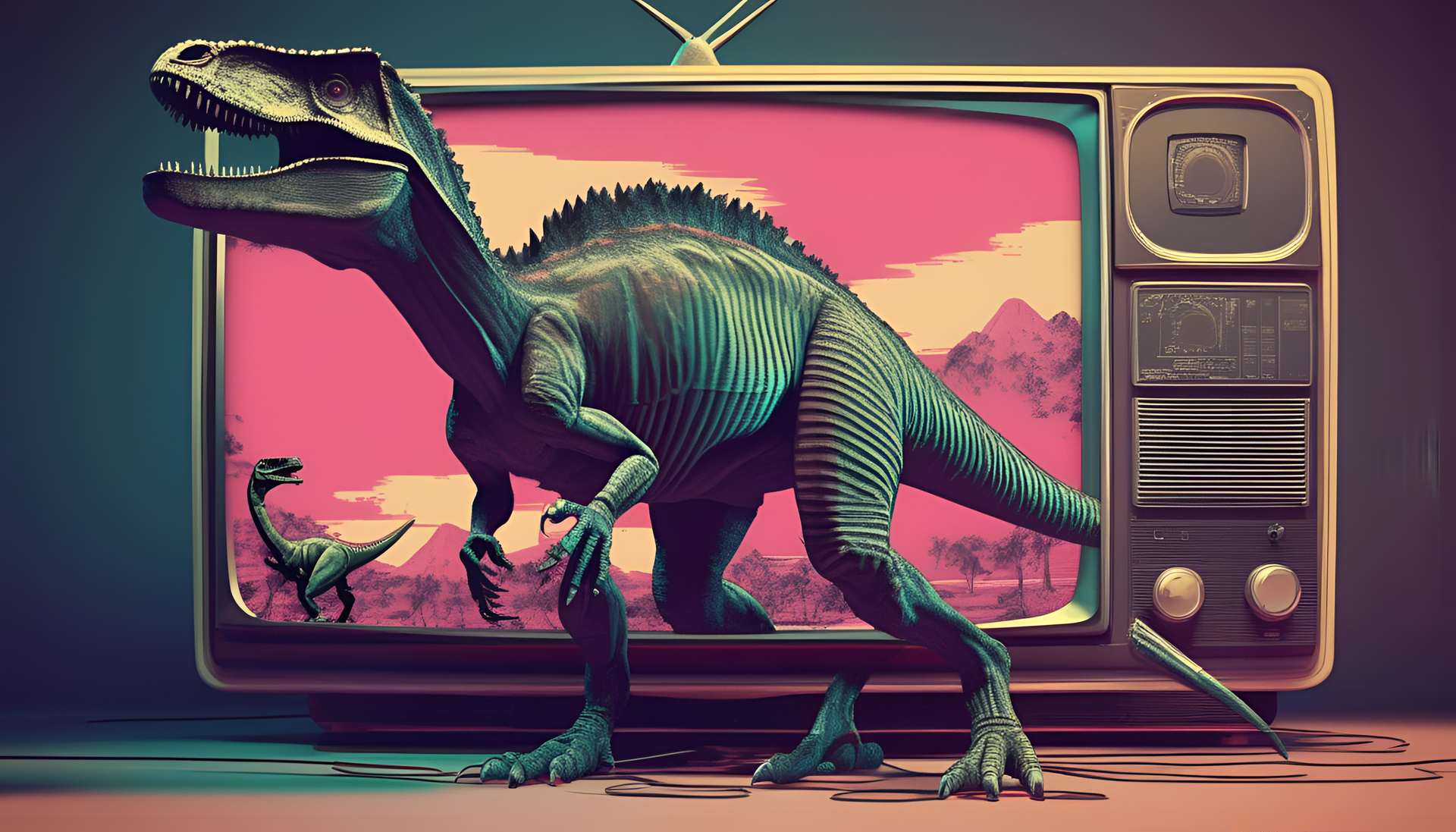 Intricate dinosaur emerging from old TV glitch effect.