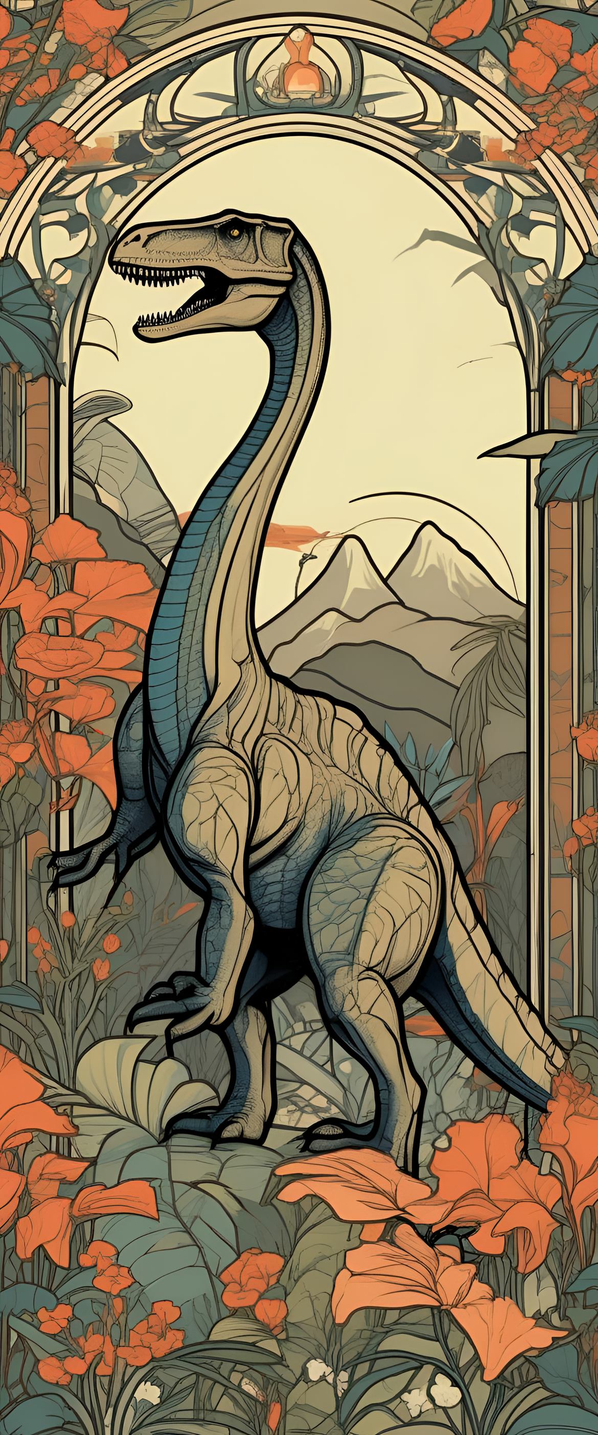 Artistic dinosaur wallpaper in an Art Nouveau style.