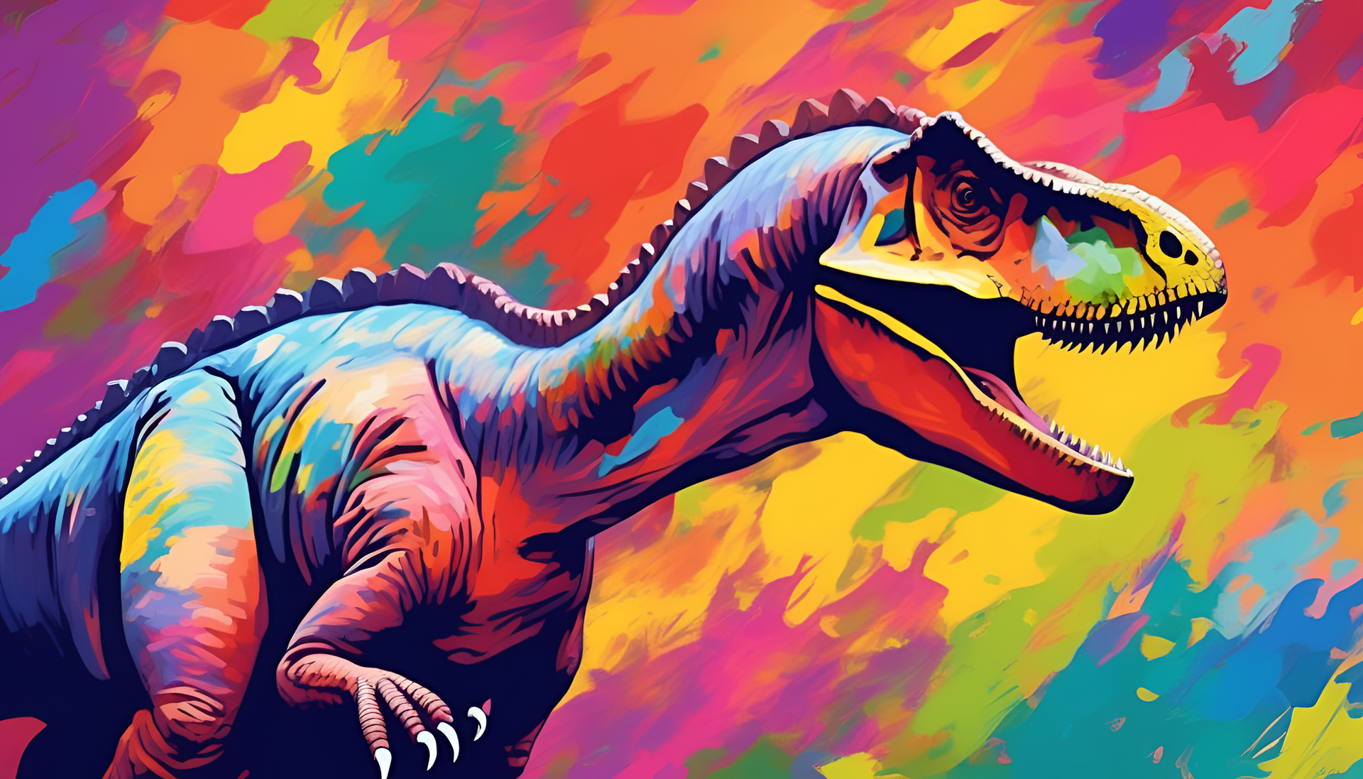 Colorful impressionist dinosaur on a vibrant background.