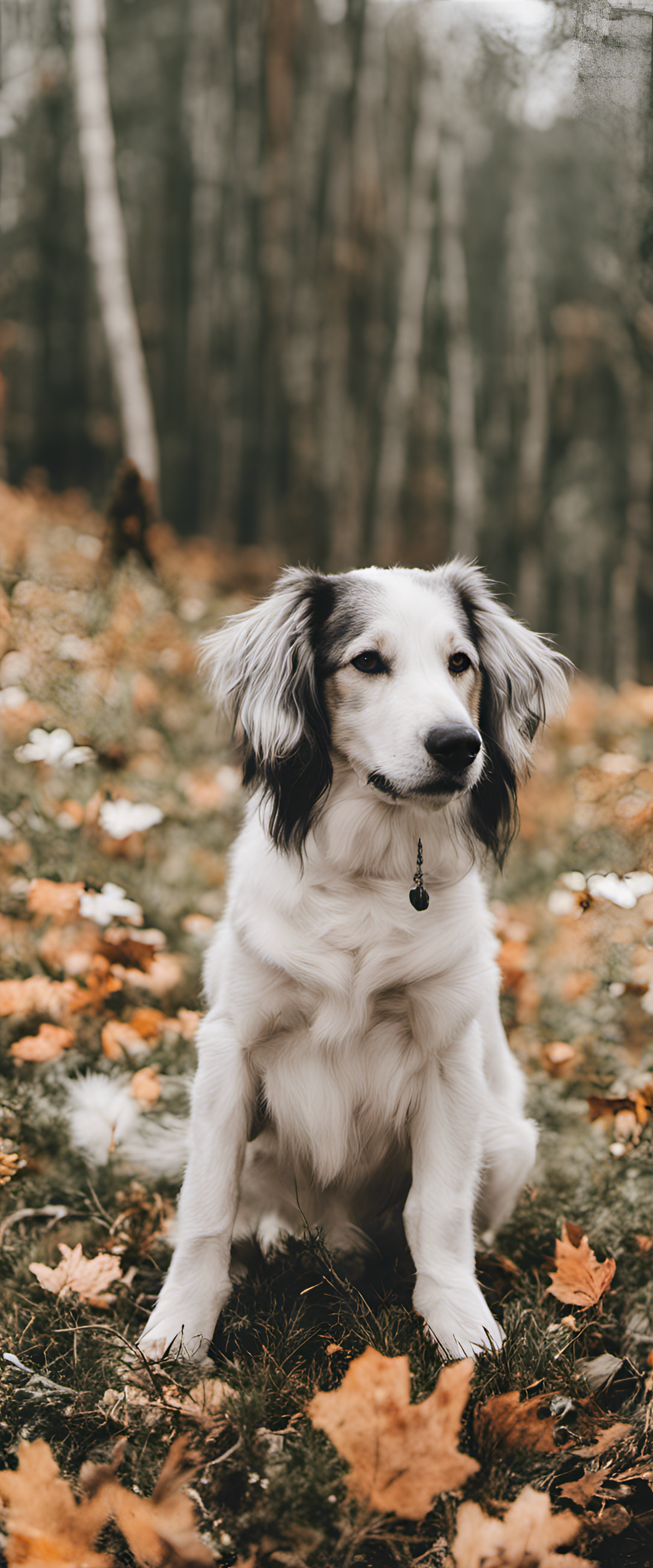 Playful dog with a cheerful expression and wagging tail against a vibrant background.