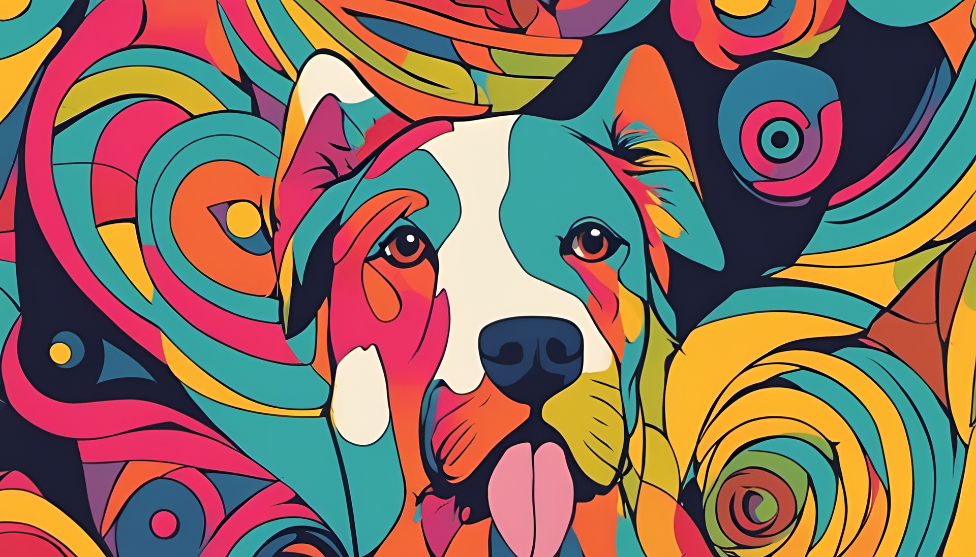 Three-color dog wallpaper with vivid hues on a high-definition desktop background.