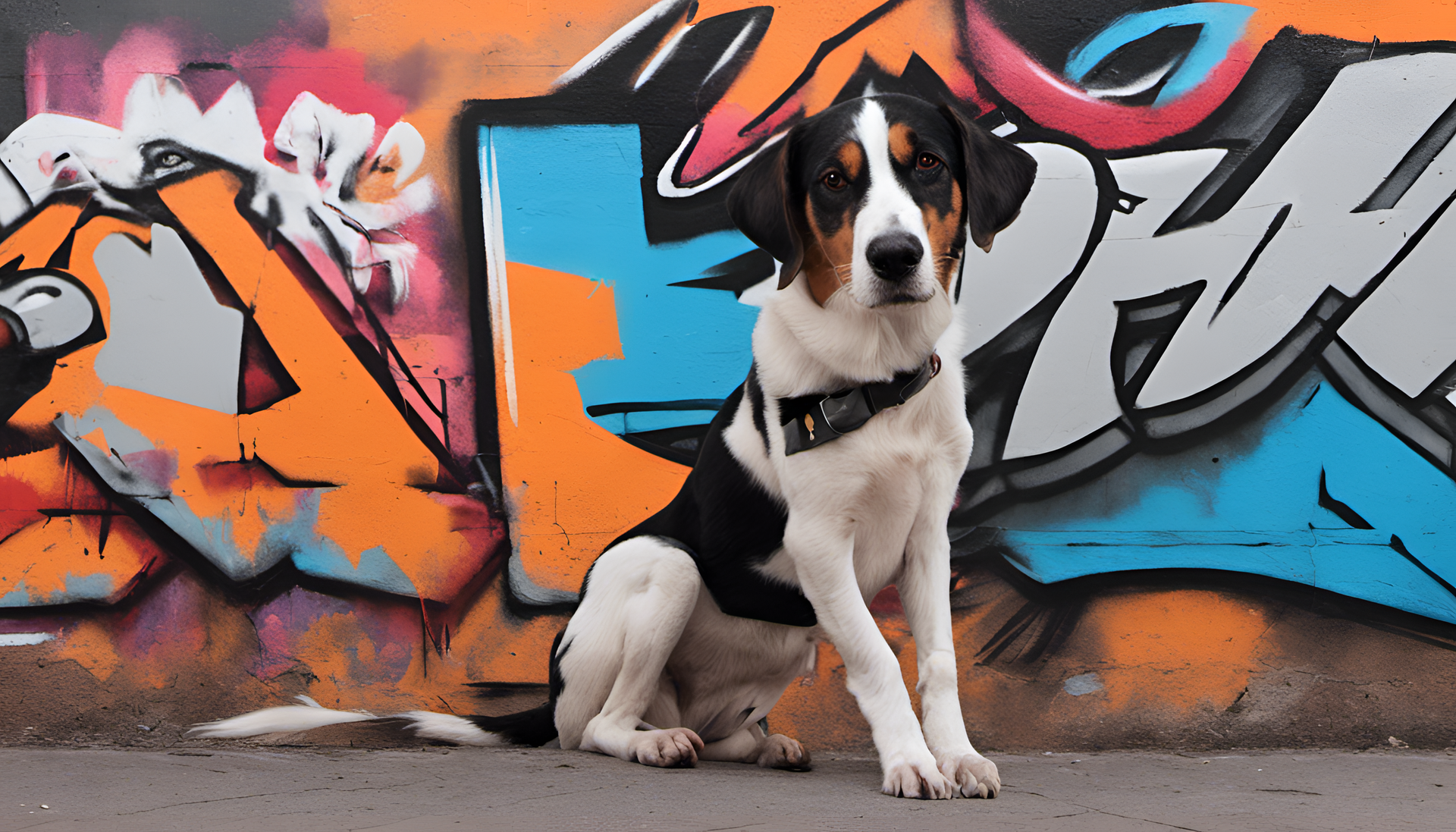 Colorful graffiti artwork of a dog on a high-definition desktop wallpaper.