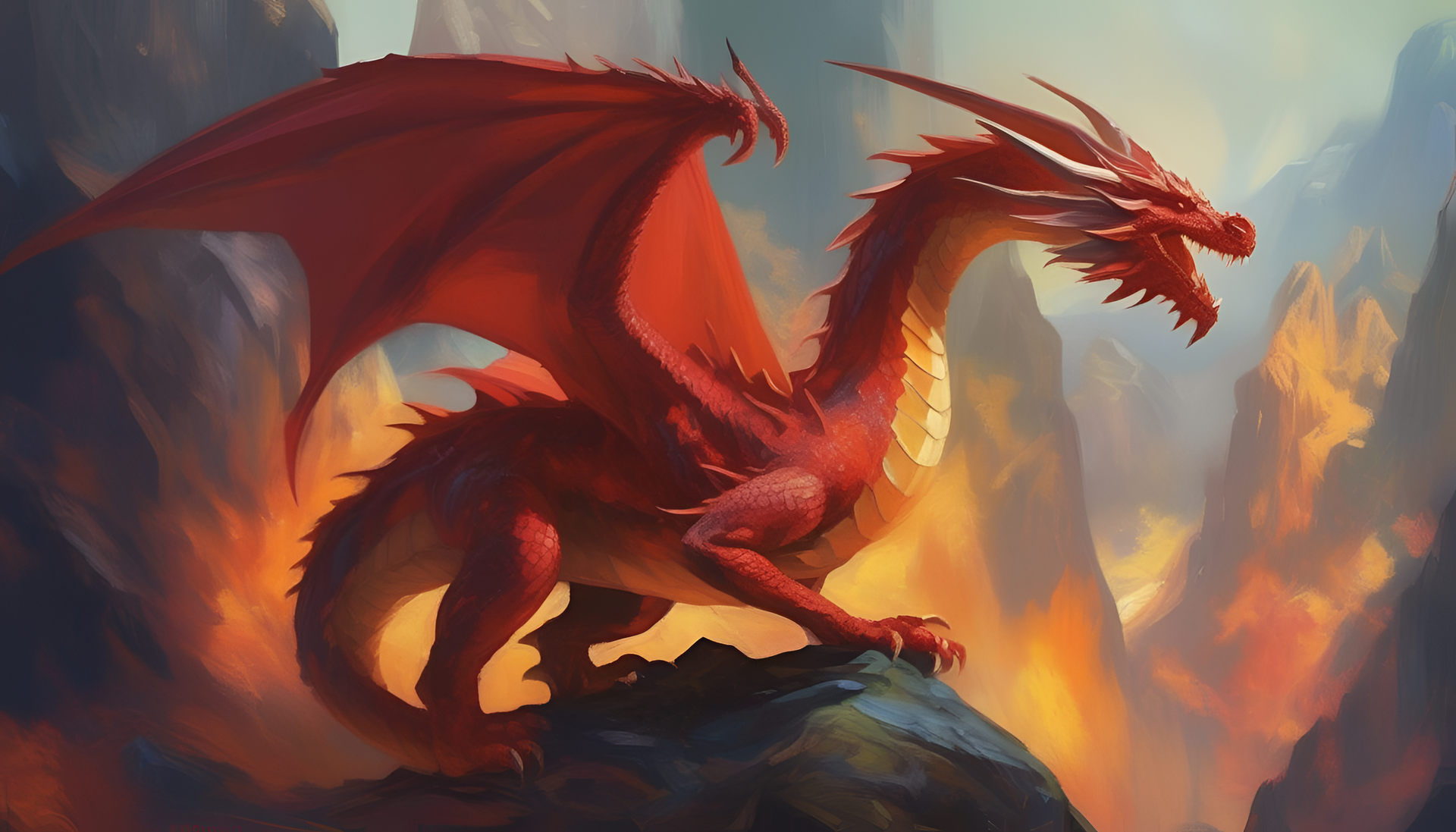 Colorful dragon in art style holding a fiery orb.