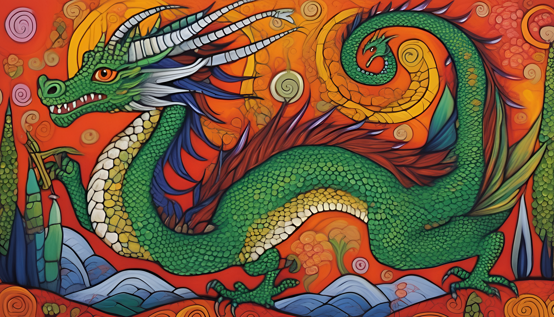 Colorful dragon in a naive art style against a dark background.