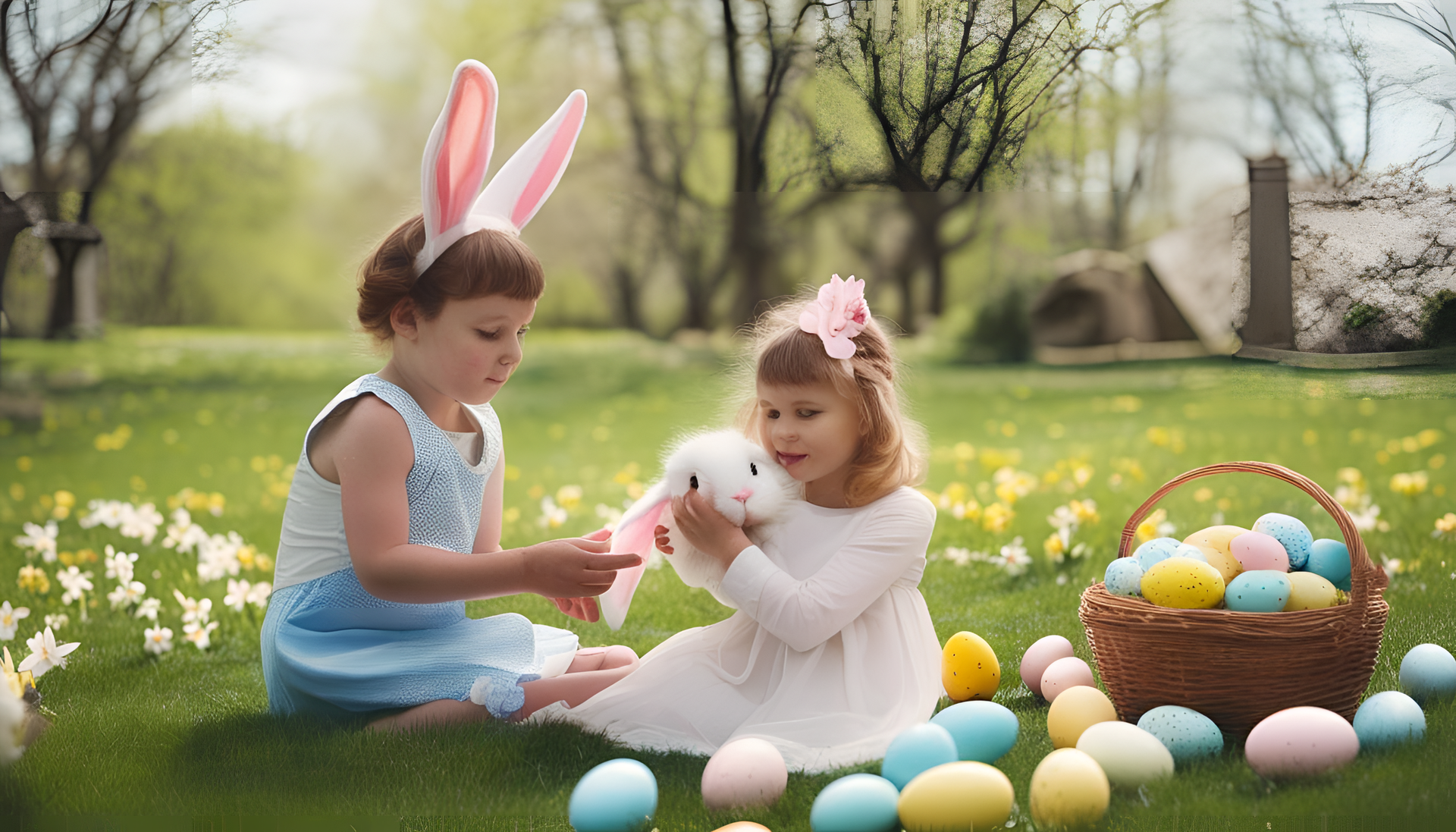 A vibrant Easter scene featuring colorful eggs and a festive background.